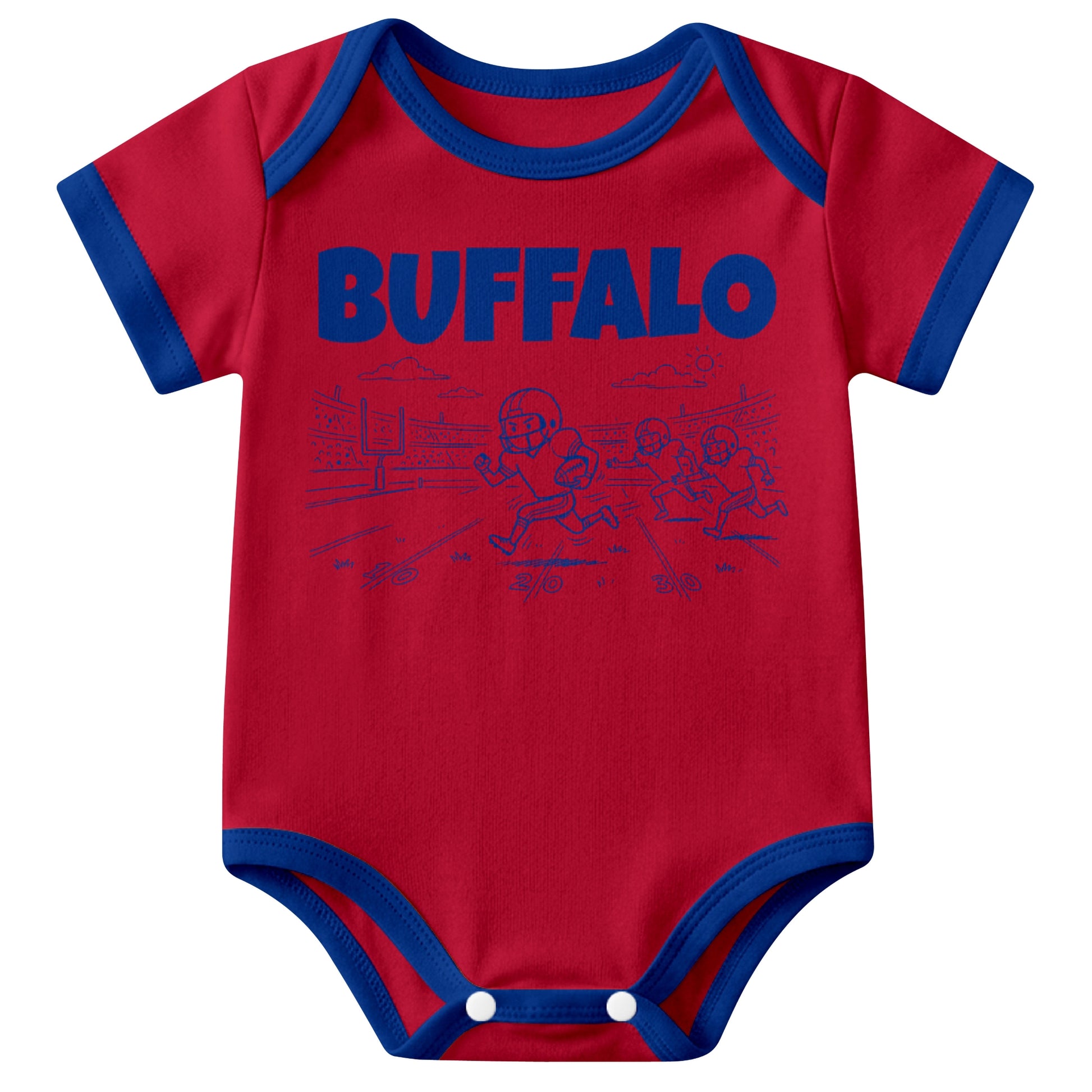 Buffalo Red baby football bodysuit front view with city lettering and football field action graphic
