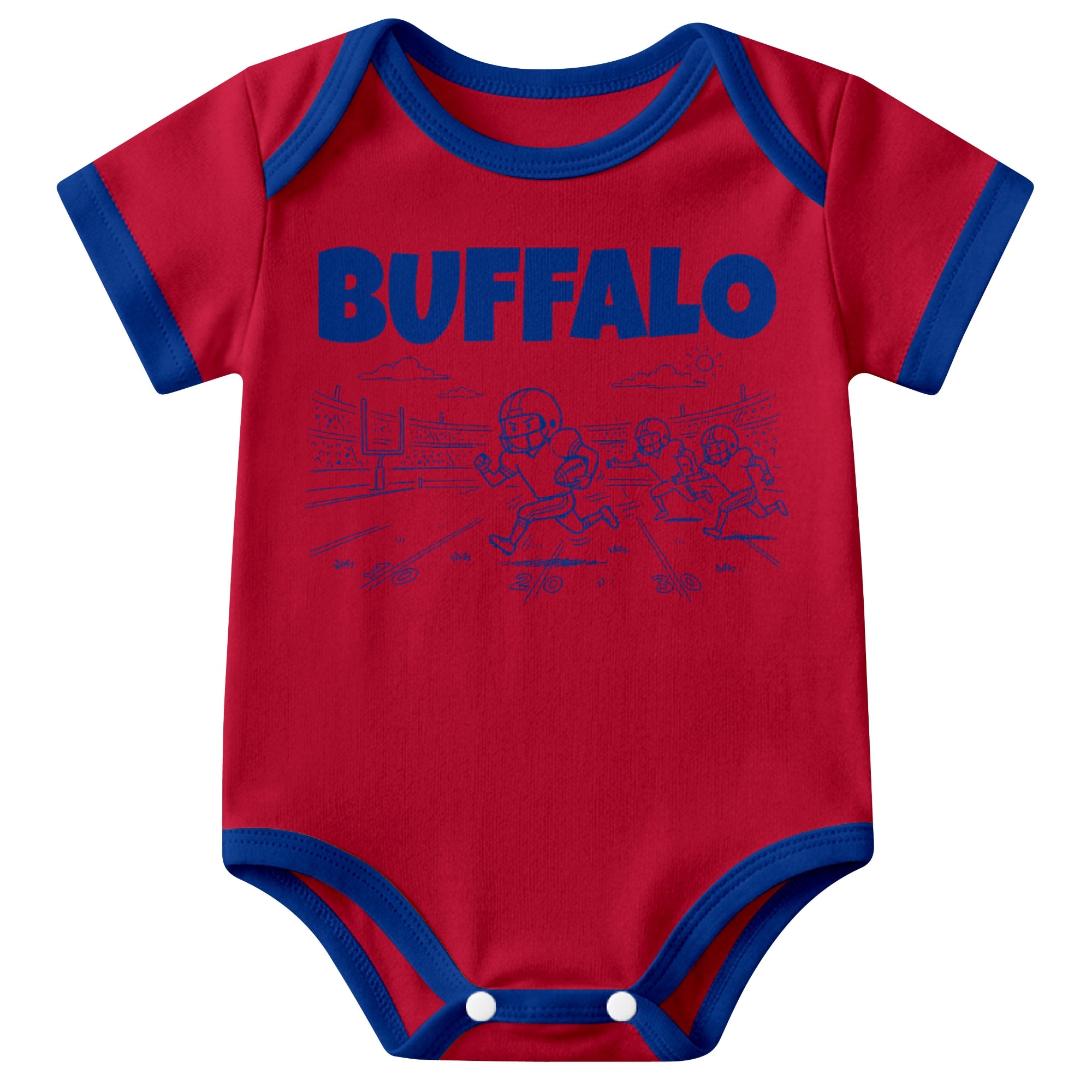 Buffalo Red baby football bodysuit front view with city lettering and football field action graphic