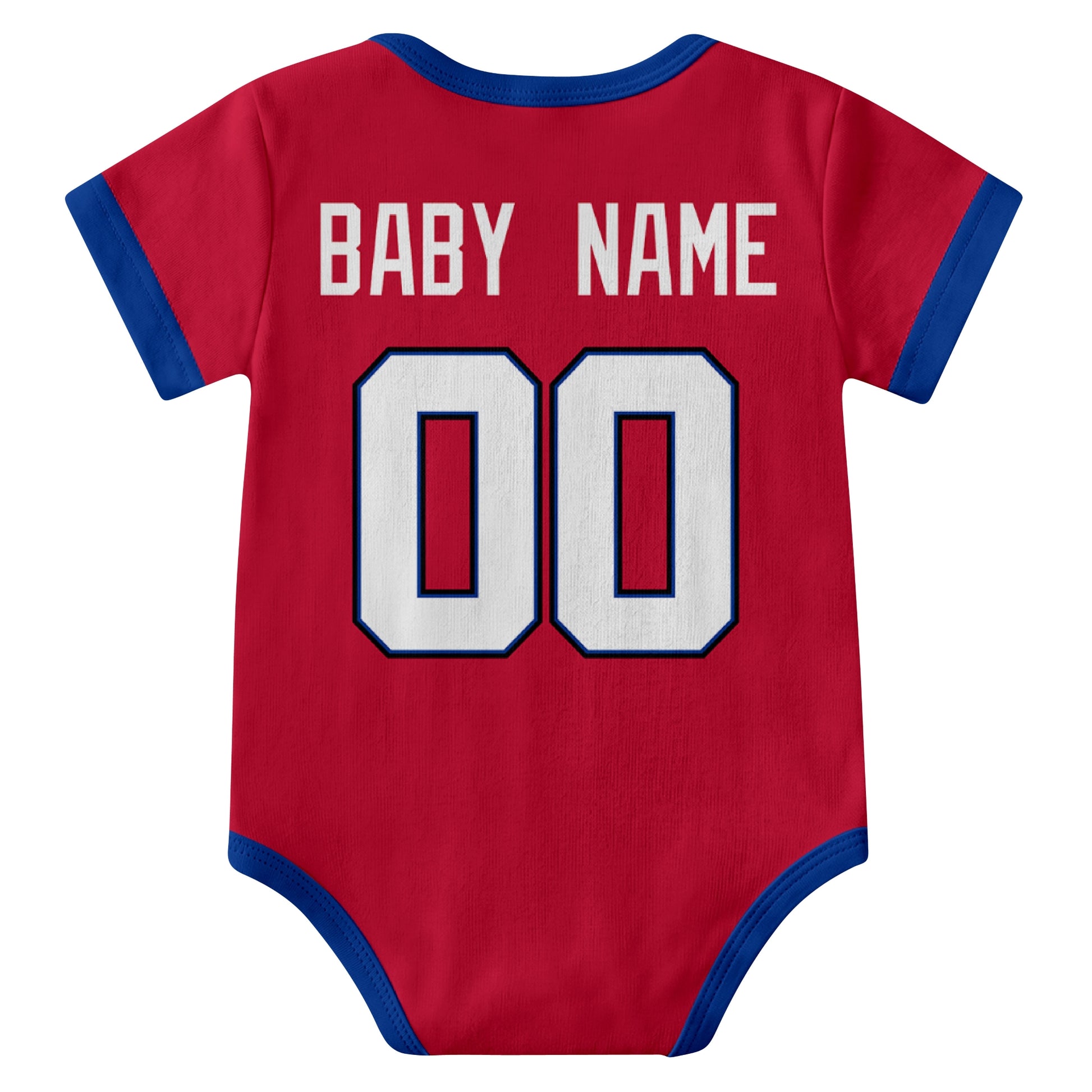 Buffalo Red personalized baby football bodysuit back view with custom baby name and jersey number