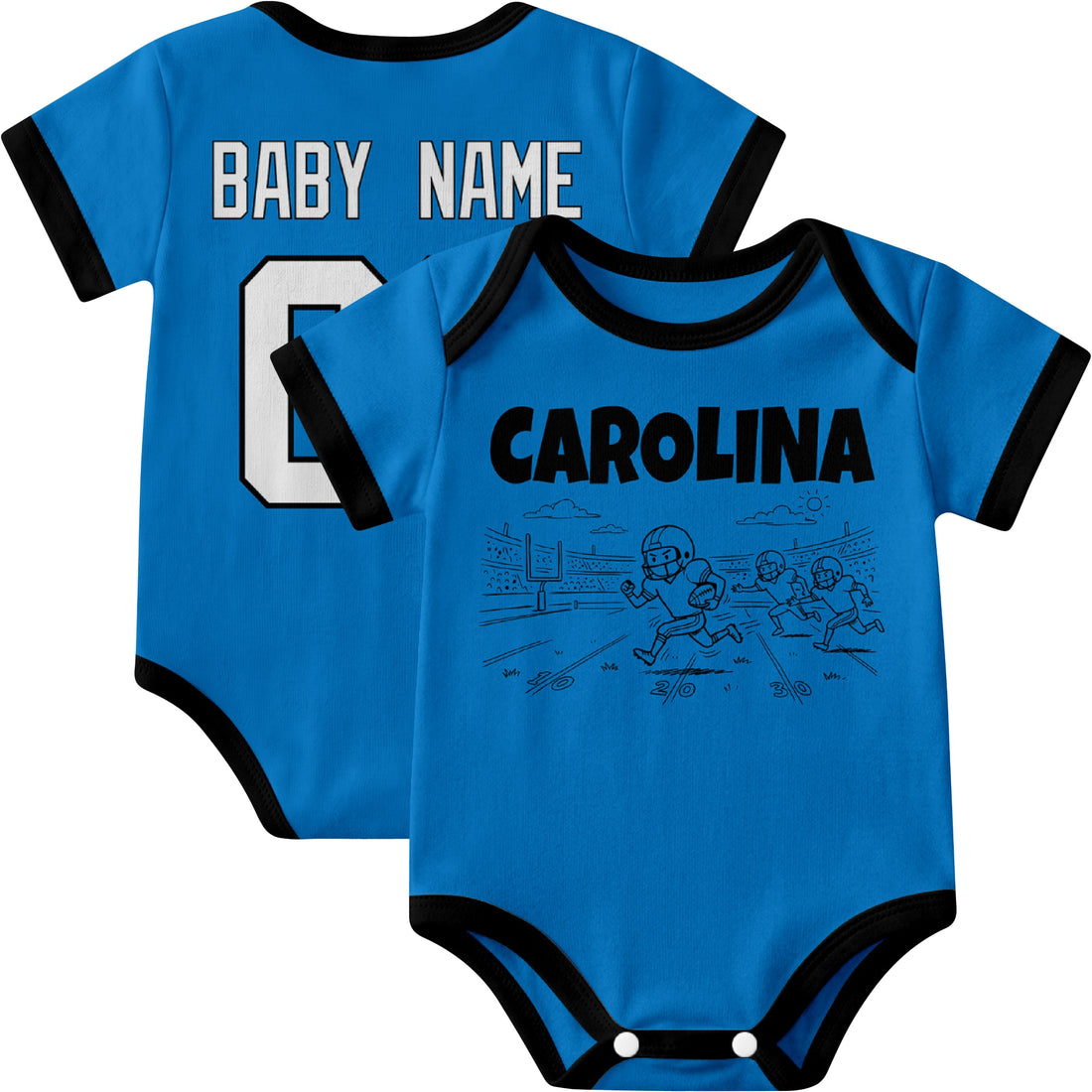 Carolina personalized baby football bodysuit in Blue showing front field action scene and back custom baby name and number