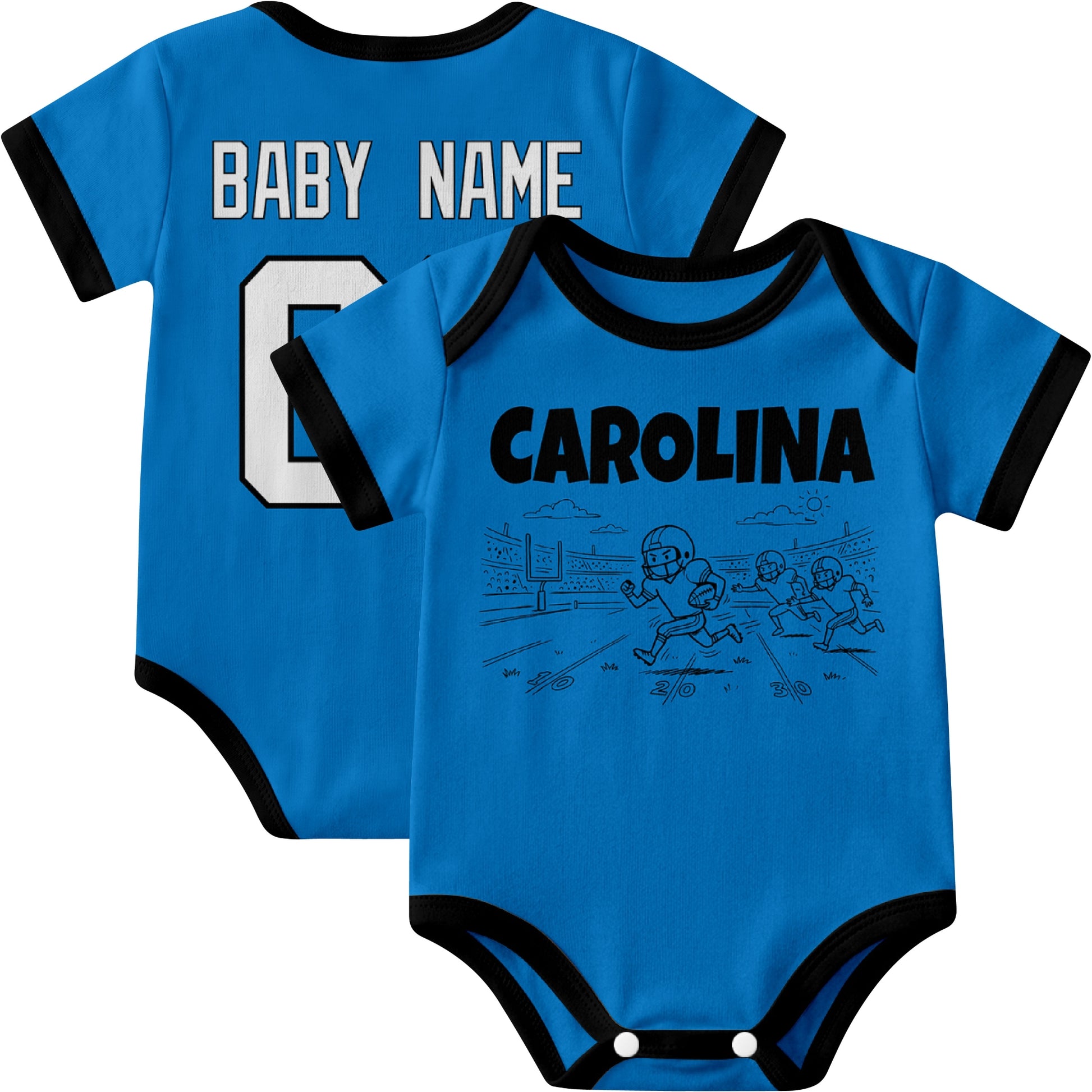 Carolina personalized baby football bodysuit in Blue showing front field action scene and back custom baby name and number