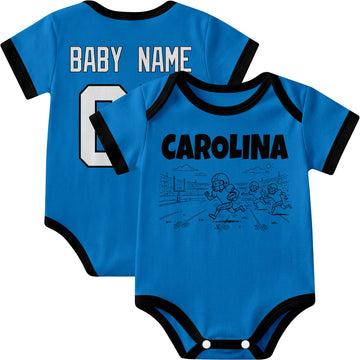 Carolina personalized baby football bodysuit in Blue showing front field action scene and back custom baby name and number