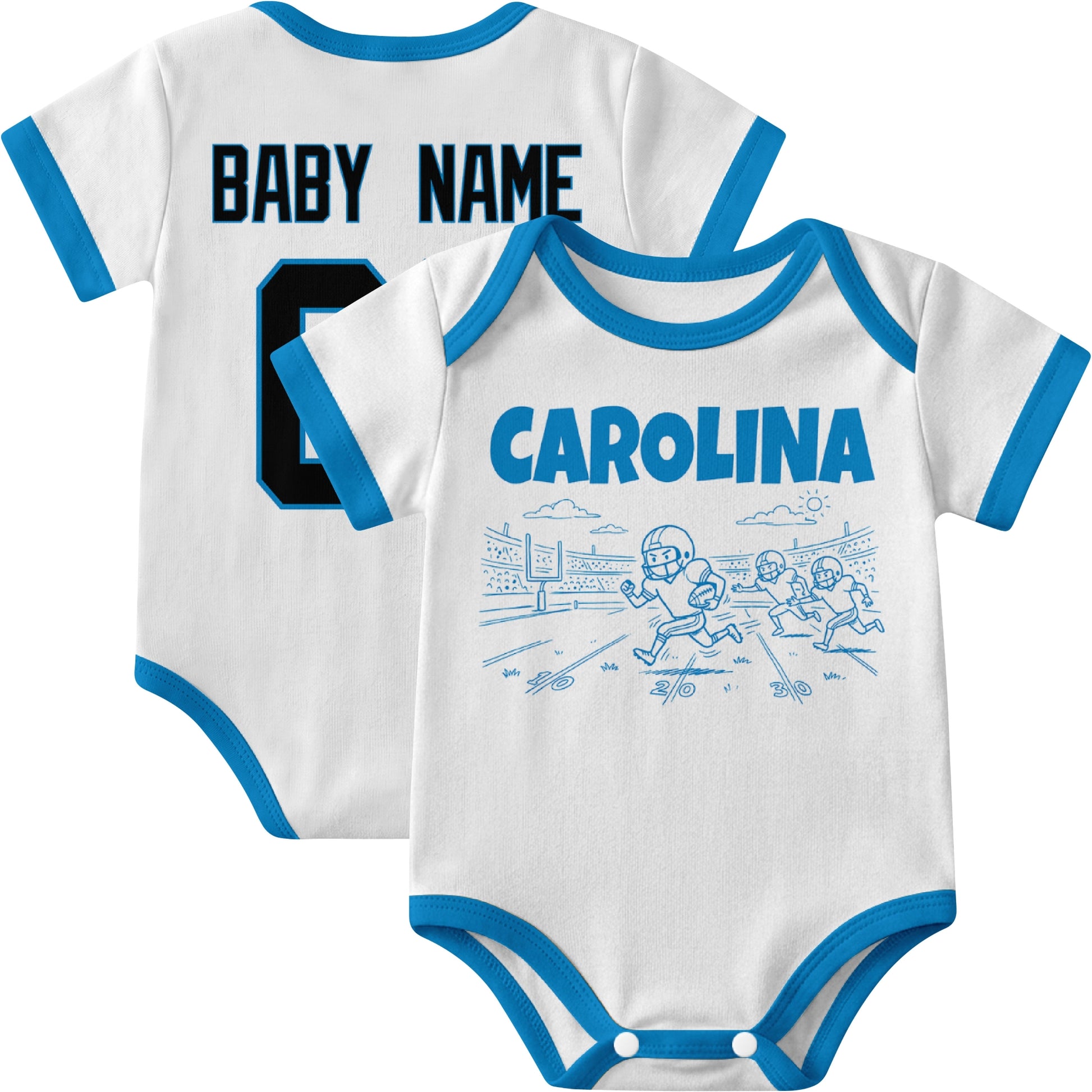 Carolina personalized baby football bodysuit in White showing front field action scene and back custom baby name and number