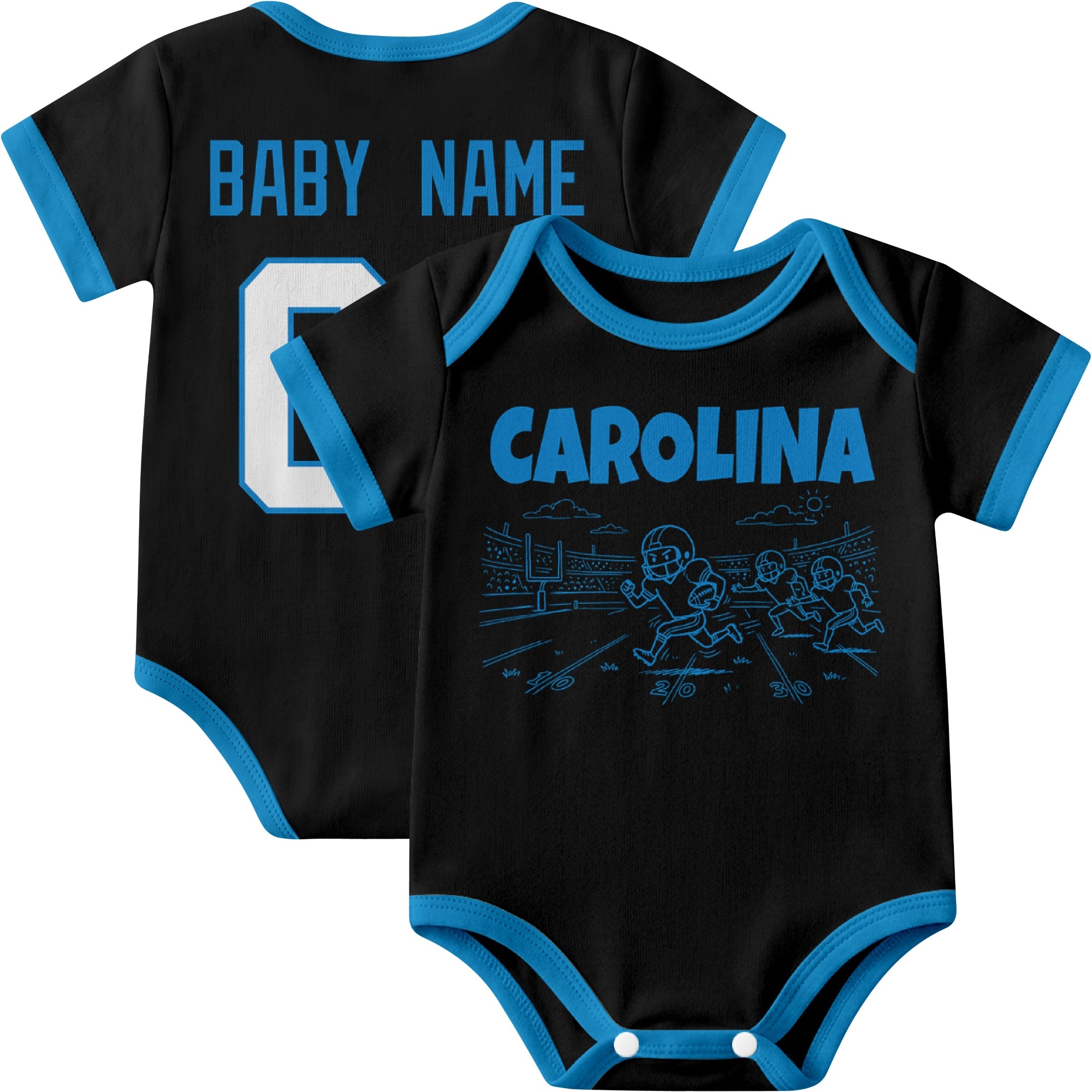 Carolina personalized baby football bodysuit in Black showing front field action scene and back custom baby name and number