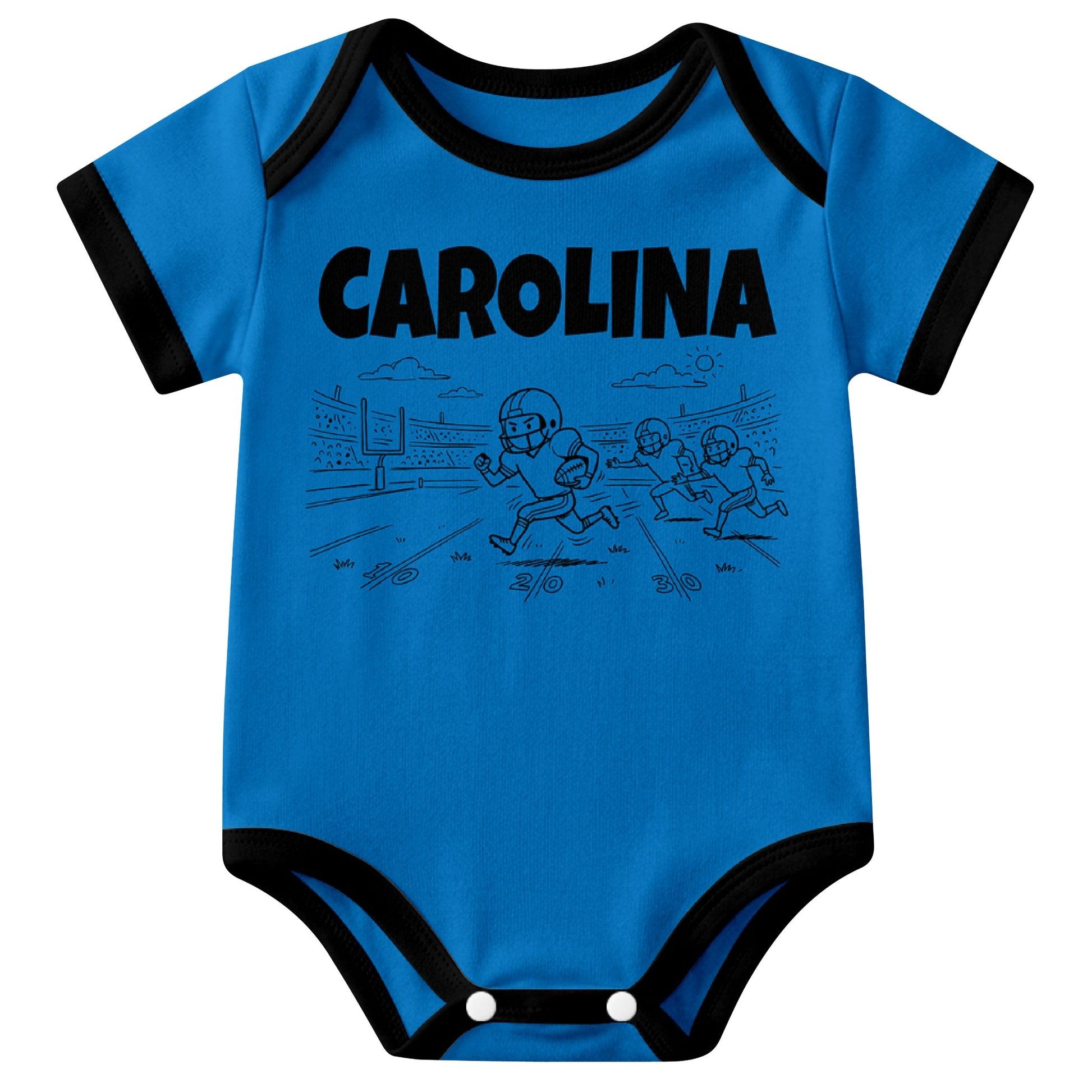 Carolina Blue baby football bodysuit front view with city lettering and football field action graphic