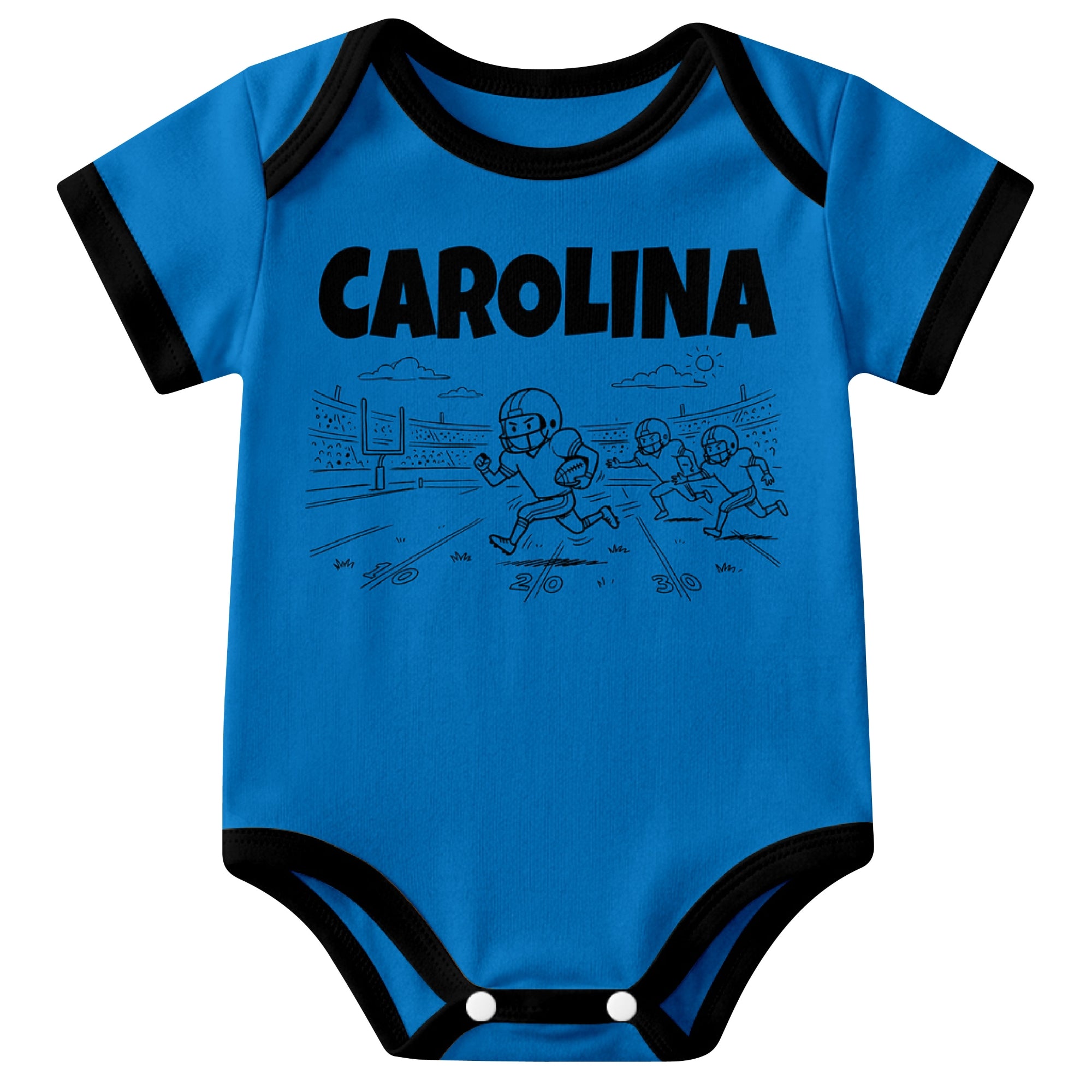 Carolina Blue baby football bodysuit front view with city lettering and football field action graphic