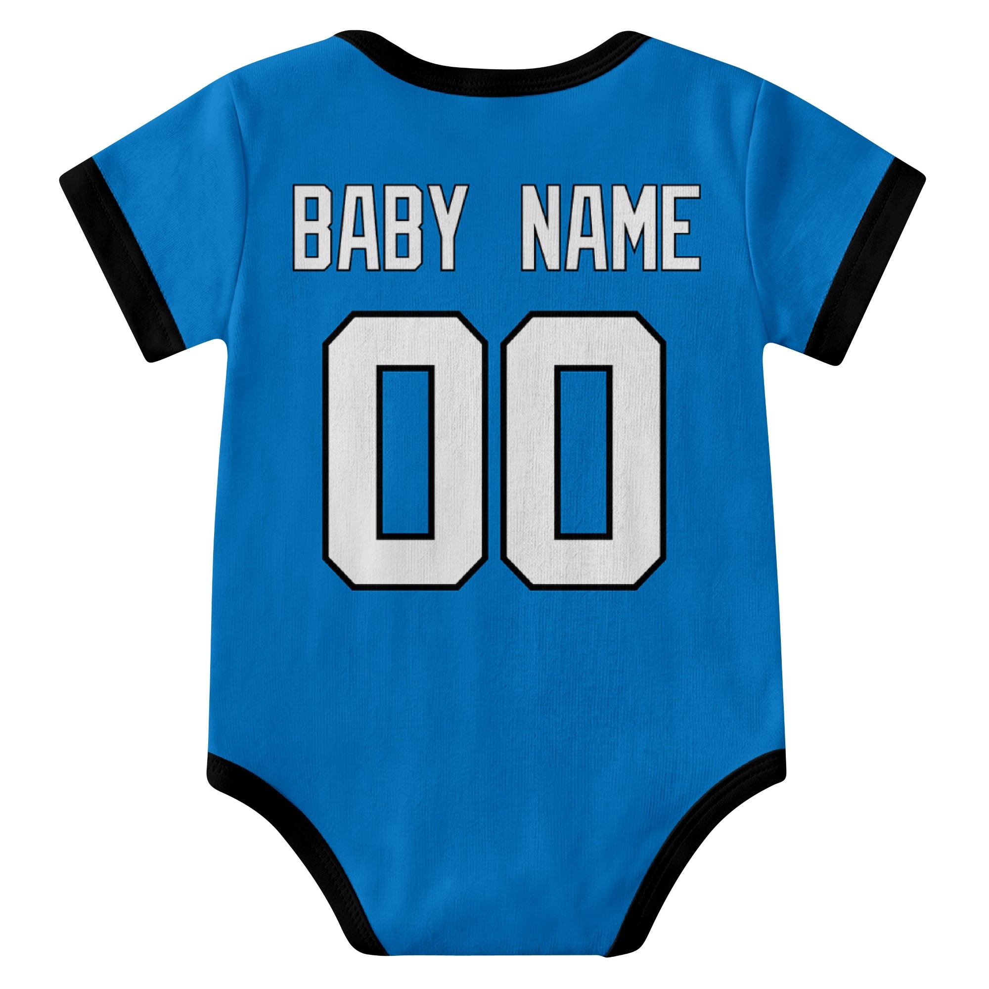 Carolina Blue personalized baby football bodysuit back view with custom baby name and jersey number