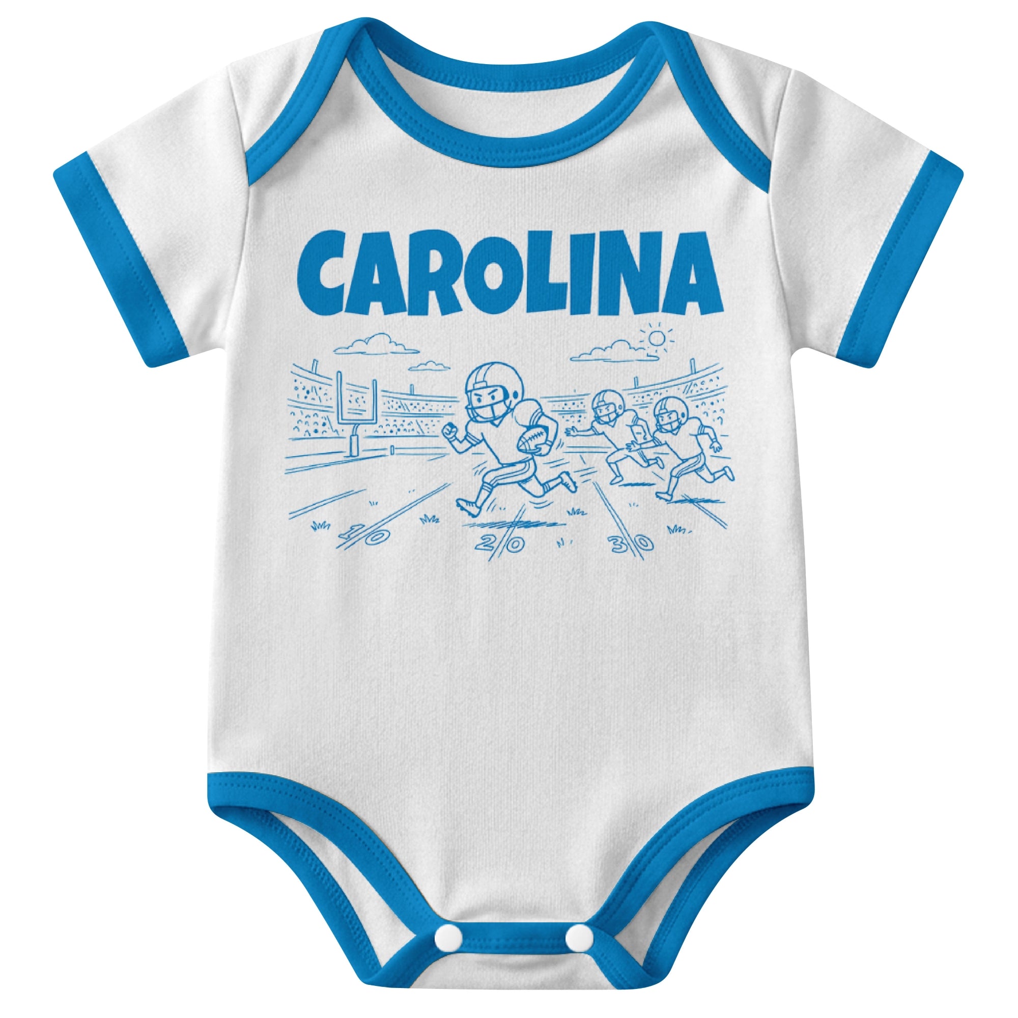 Carolina White baby football bodysuit front view with city lettering and football field action graphic