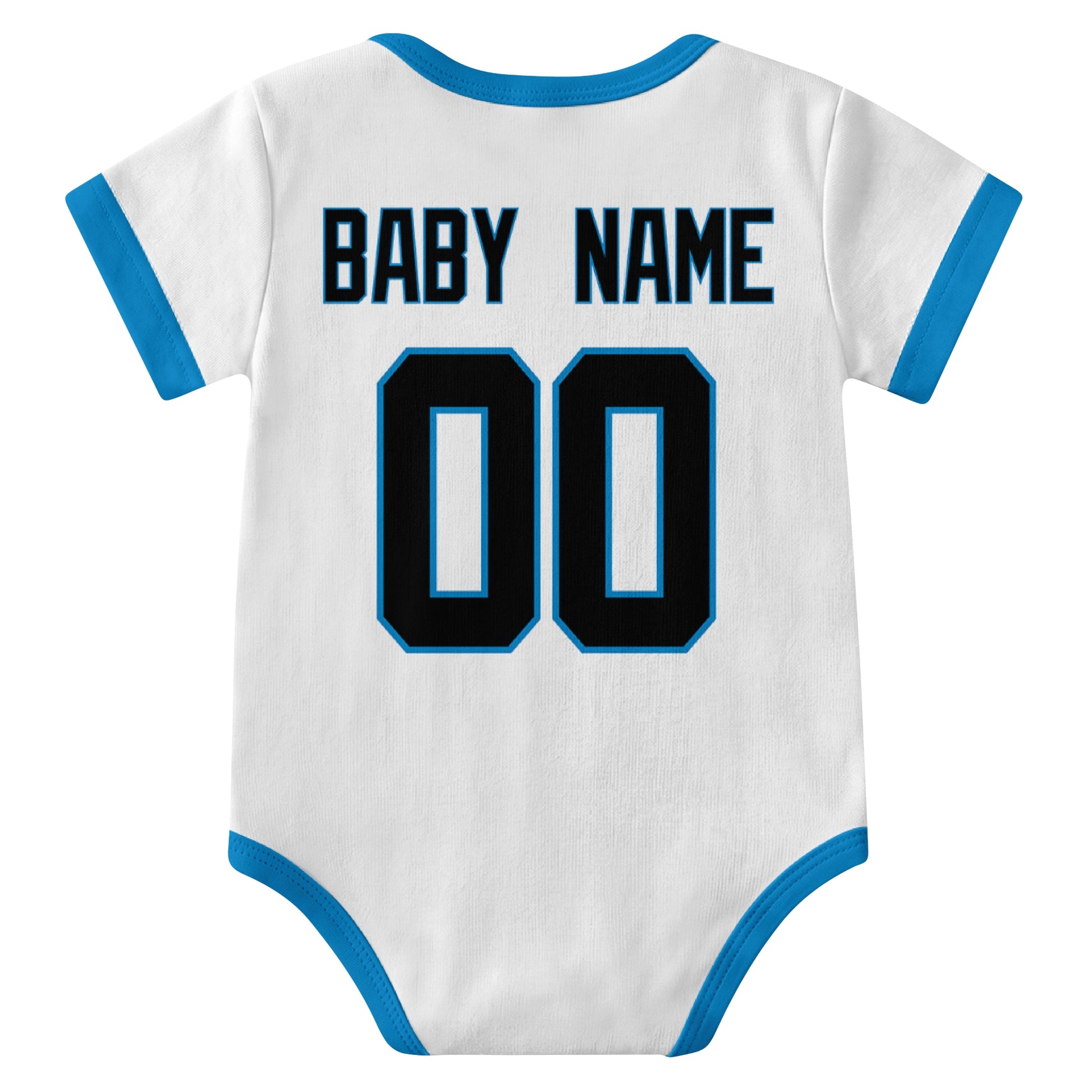 Carolina White personalized baby football bodysuit back view with custom baby name and jersey number