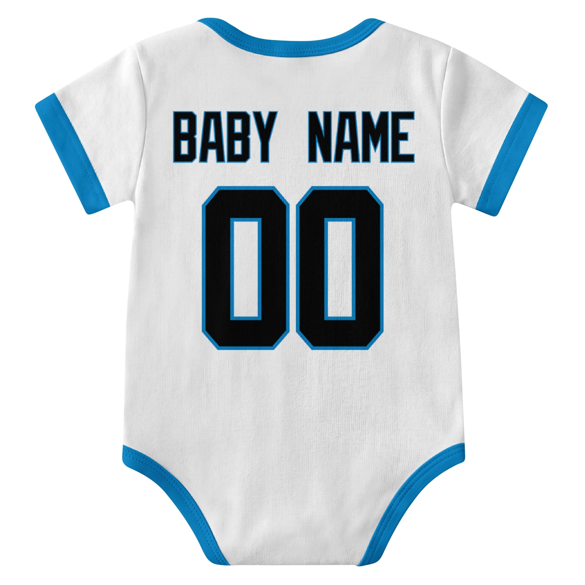 Carolina White personalized baby football bodysuit back view with custom baby name and jersey number