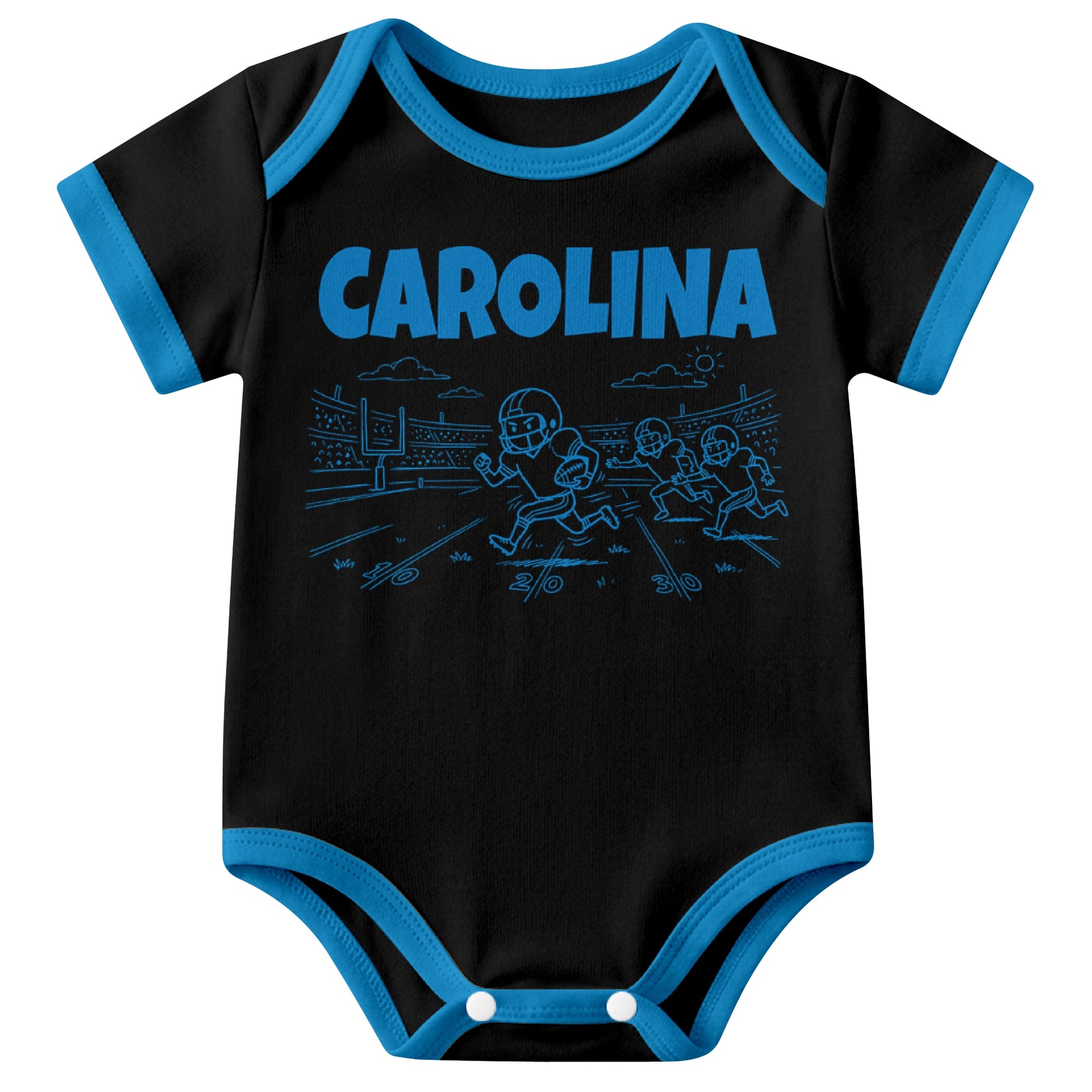 Carolina Black baby football bodysuit front view with city lettering and football field action graphic
