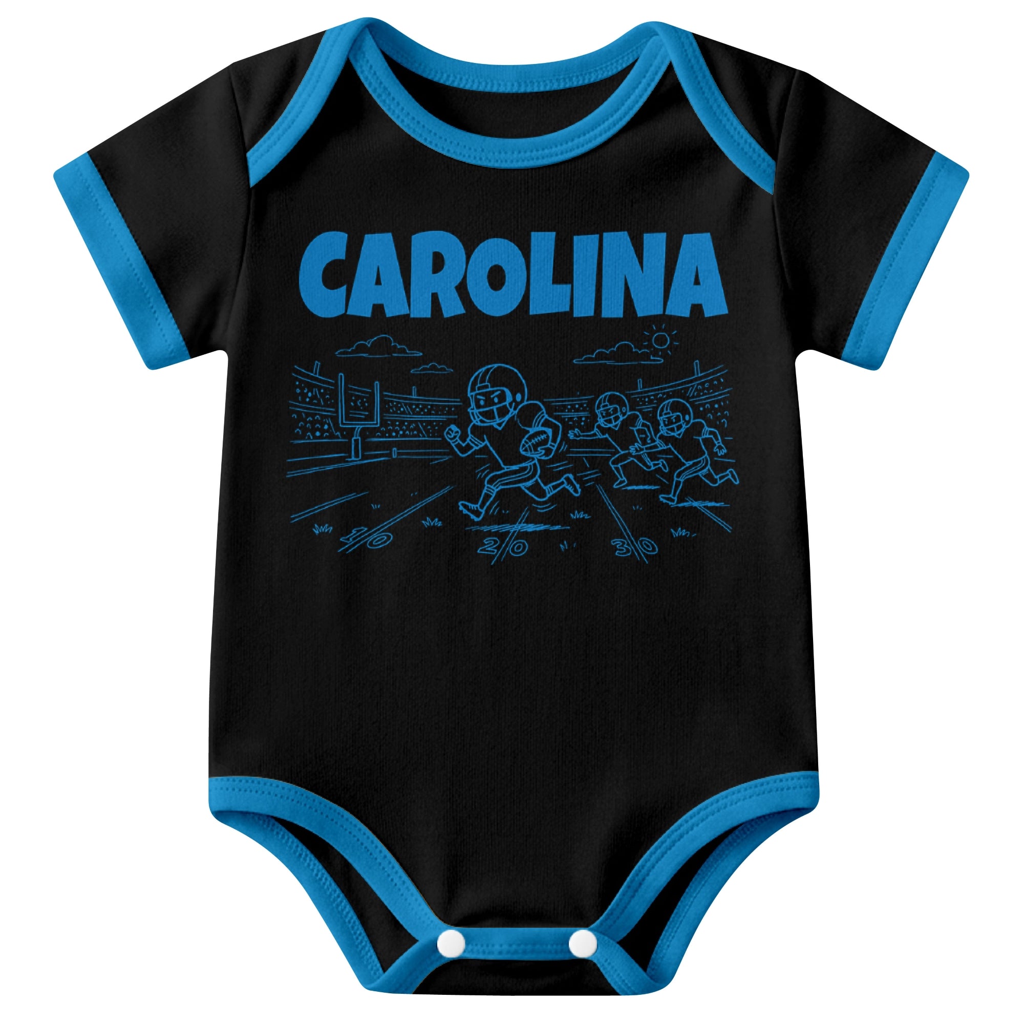 Carolina Black baby football bodysuit front view with city lettering and football field action graphic