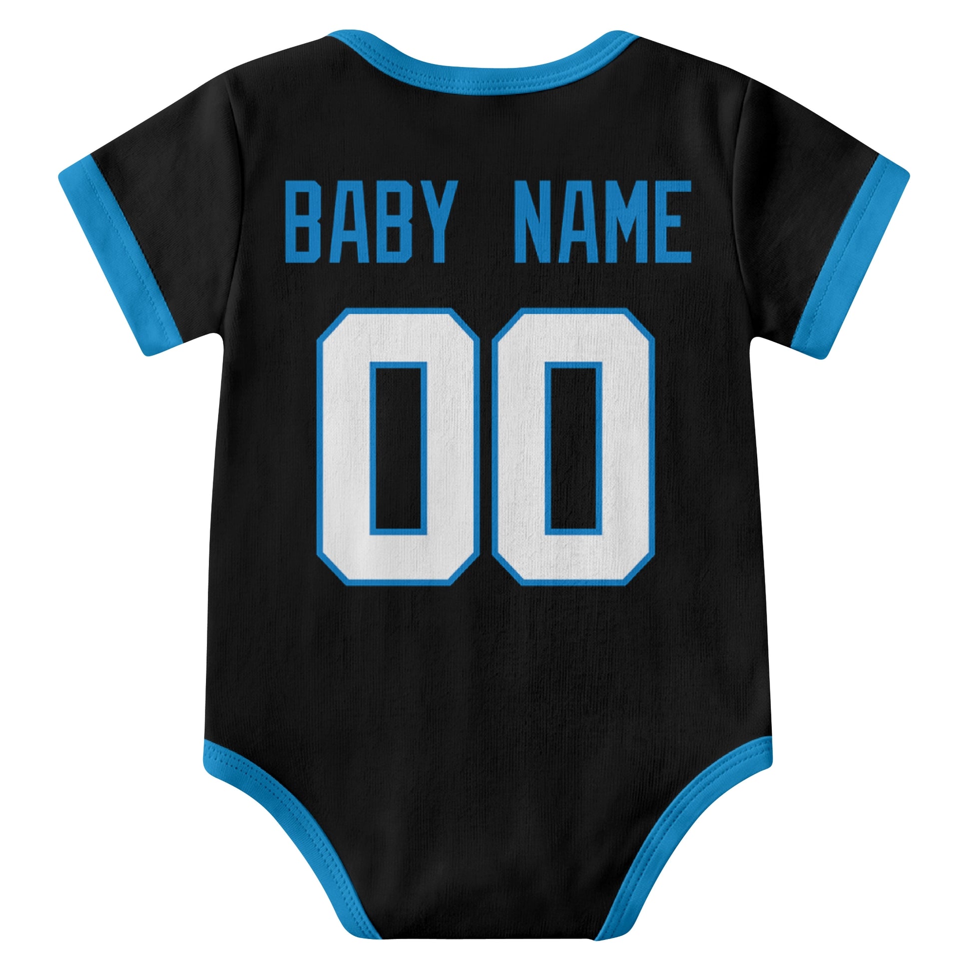 Carolina Black personalized baby football bodysuit back view with custom baby name and jersey number
