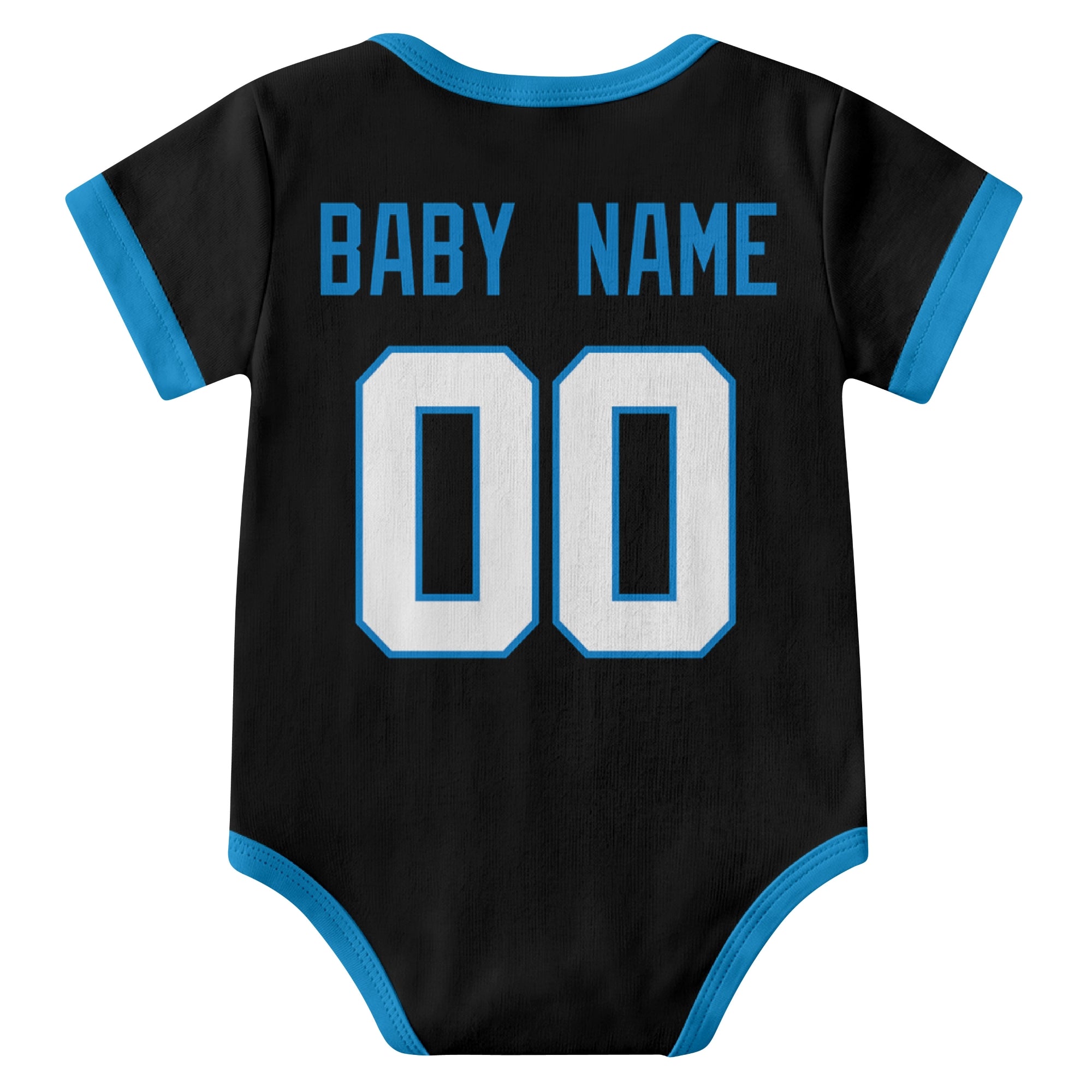 Carolina Black personalized baby football bodysuit back view with custom baby name and jersey number