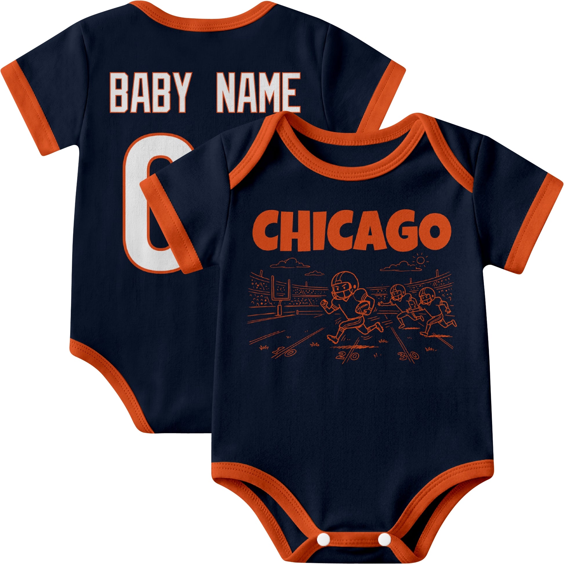 Chicago personalized baby football bodysuit in Navy showing front field action scene and back custom baby name and number