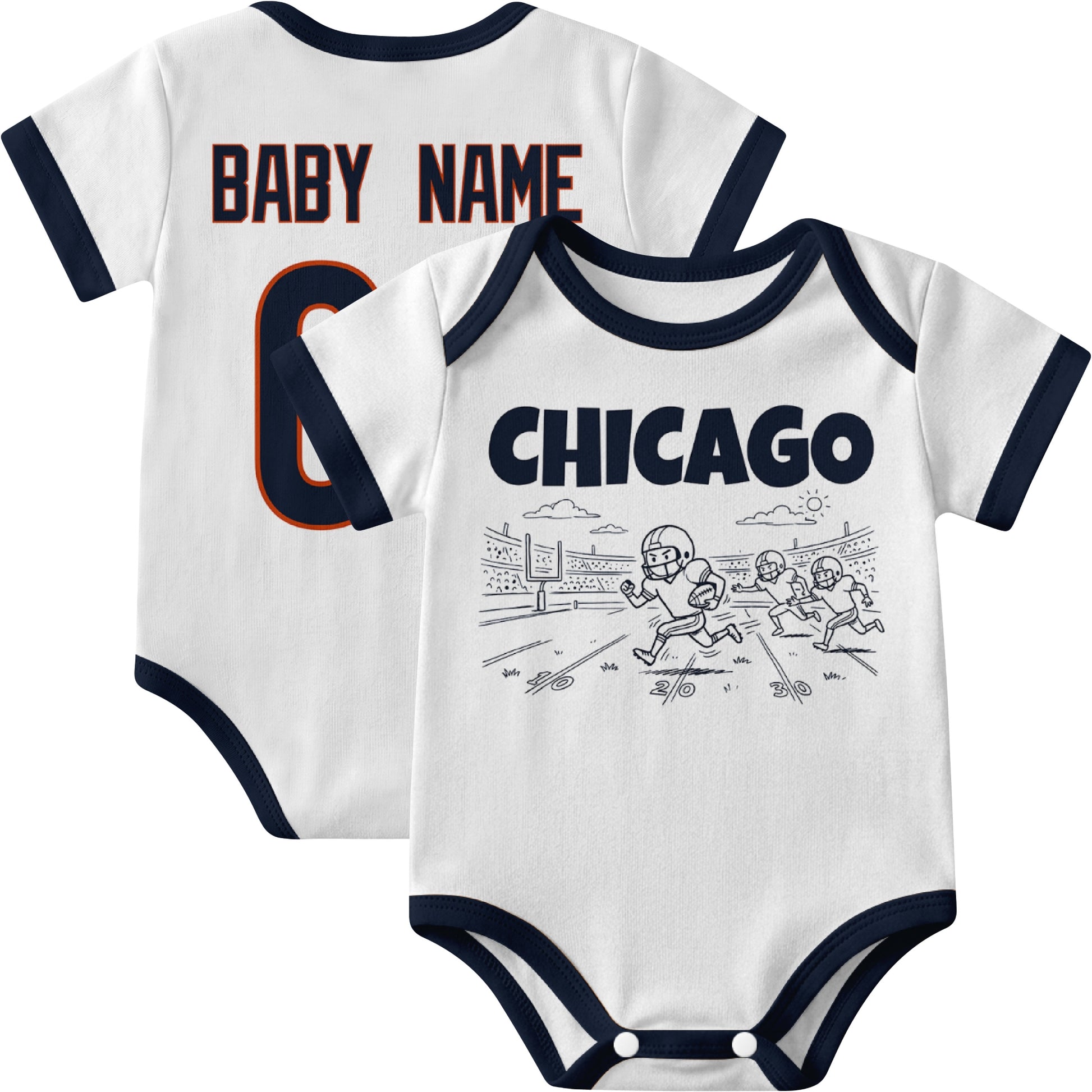 Chicago personalized baby football bodysuit in White showing front field action scene and back custom baby name and number