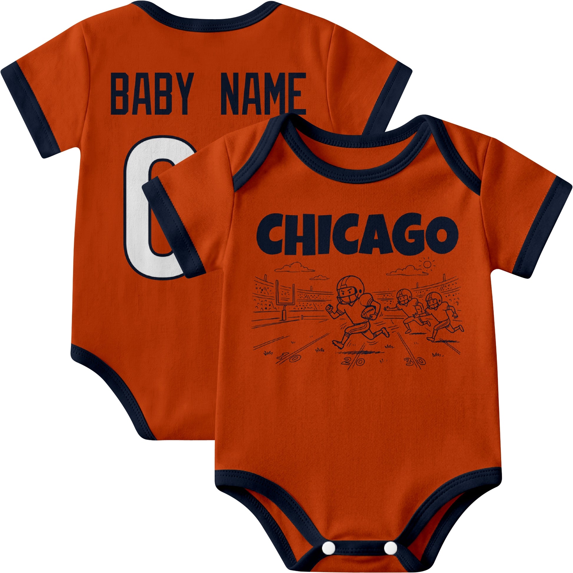 Chicago personalized baby football bodysuit in Orange showing front field action scene and back custom baby name and number
