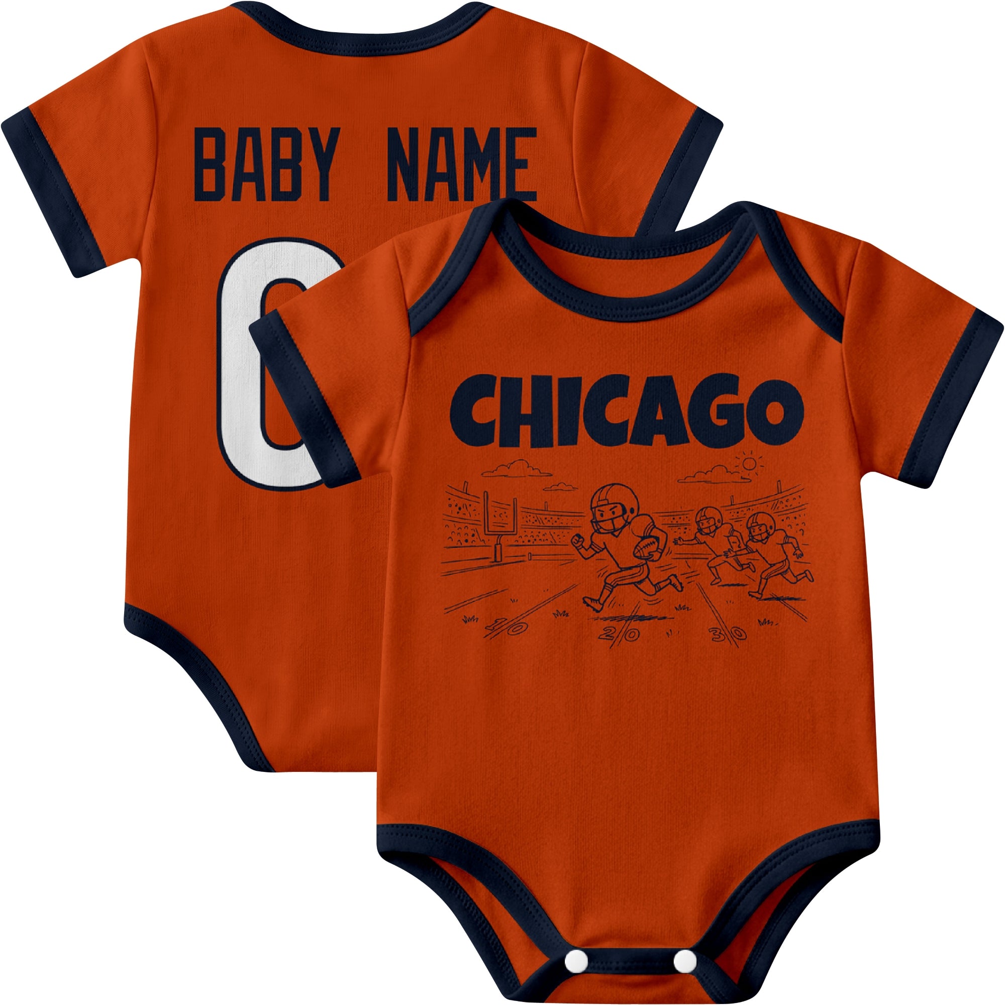 Chicago personalized baby football bodysuit in Orange showing front field action scene and back custom baby name and number