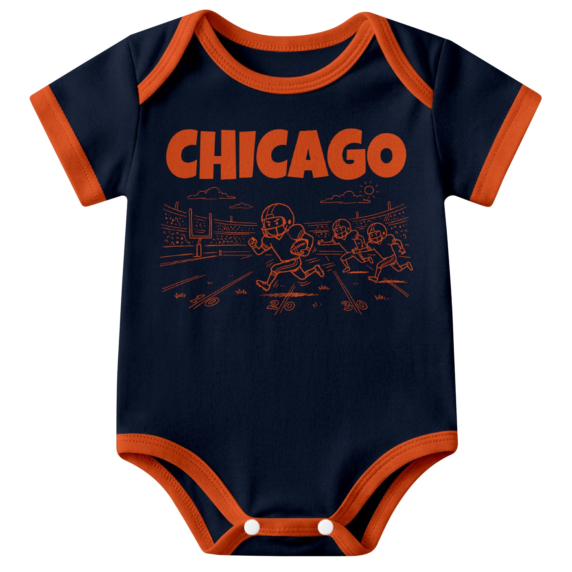 Chicago Navy baby football bodysuit front view with city lettering and football field action graphic