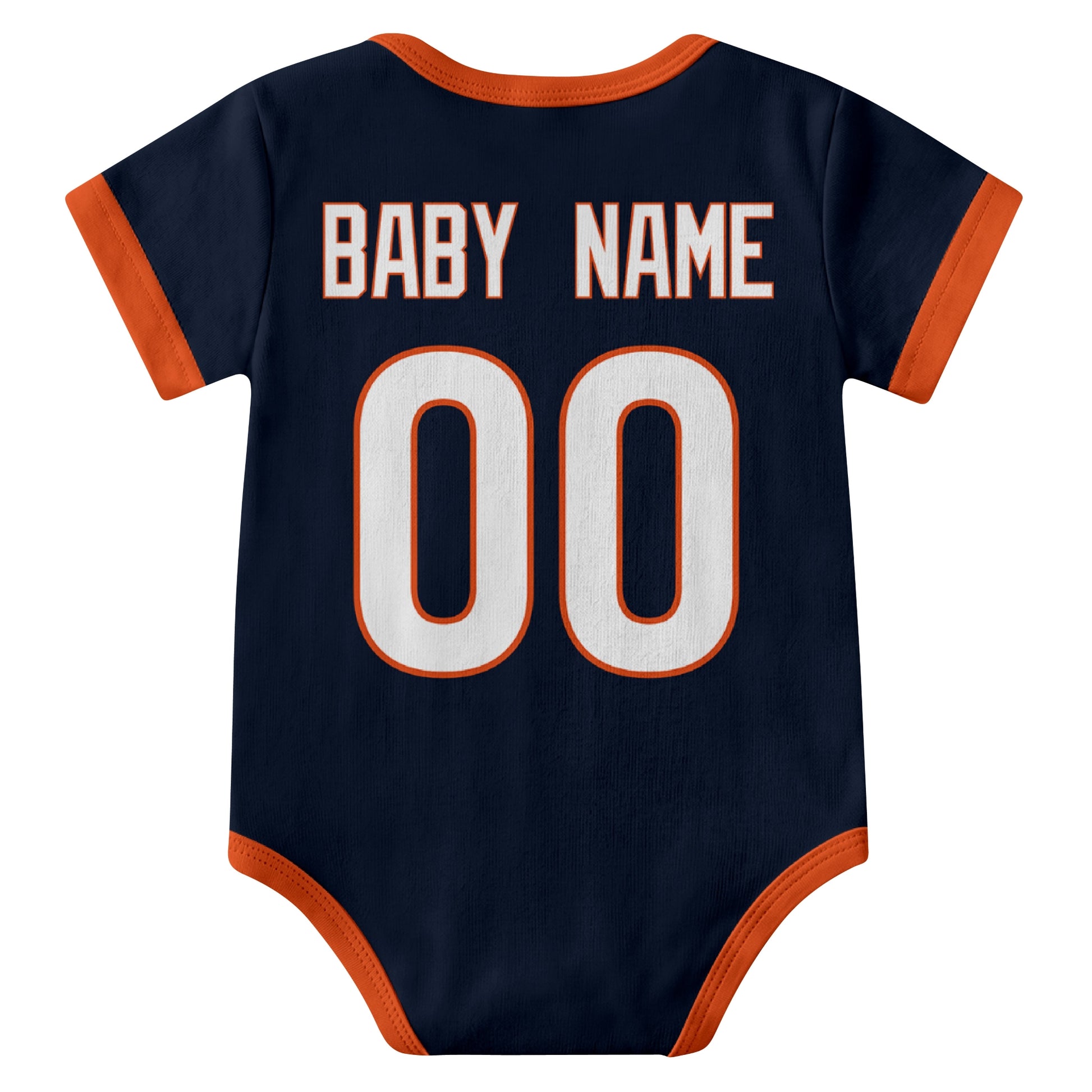 Chicago Navy personalized baby football bodysuit back view with custom baby name and jersey number
