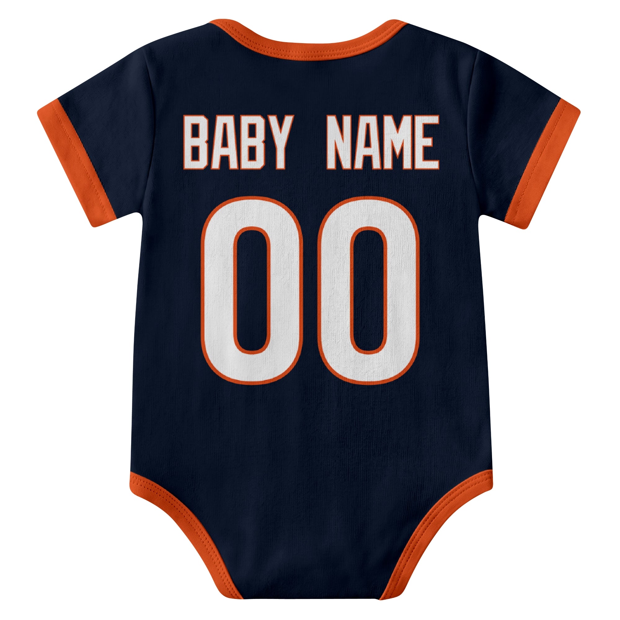 Chicago Navy personalized baby football bodysuit back view with custom baby name and jersey number