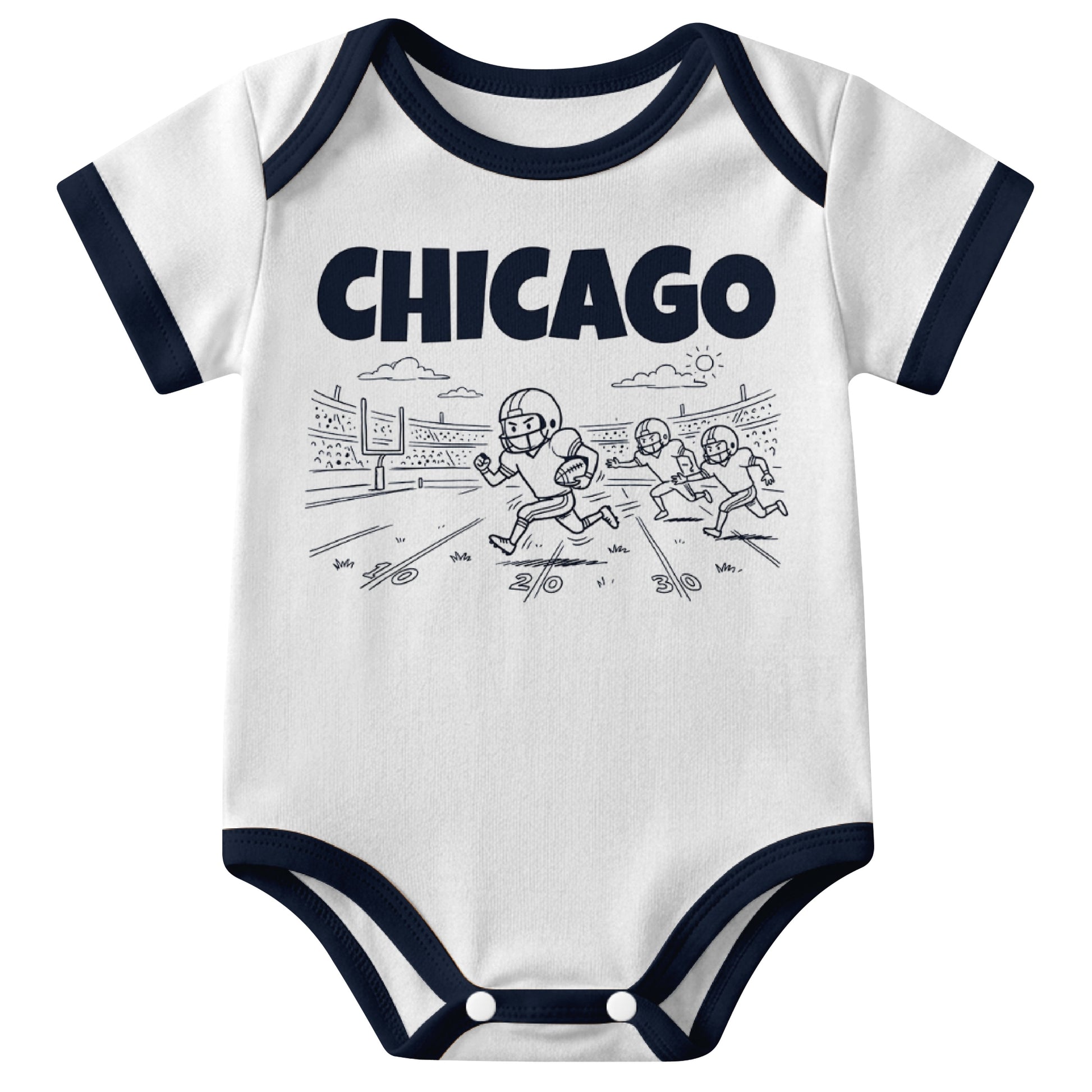 Chicago White baby football bodysuit front view with city lettering and football field action graphic