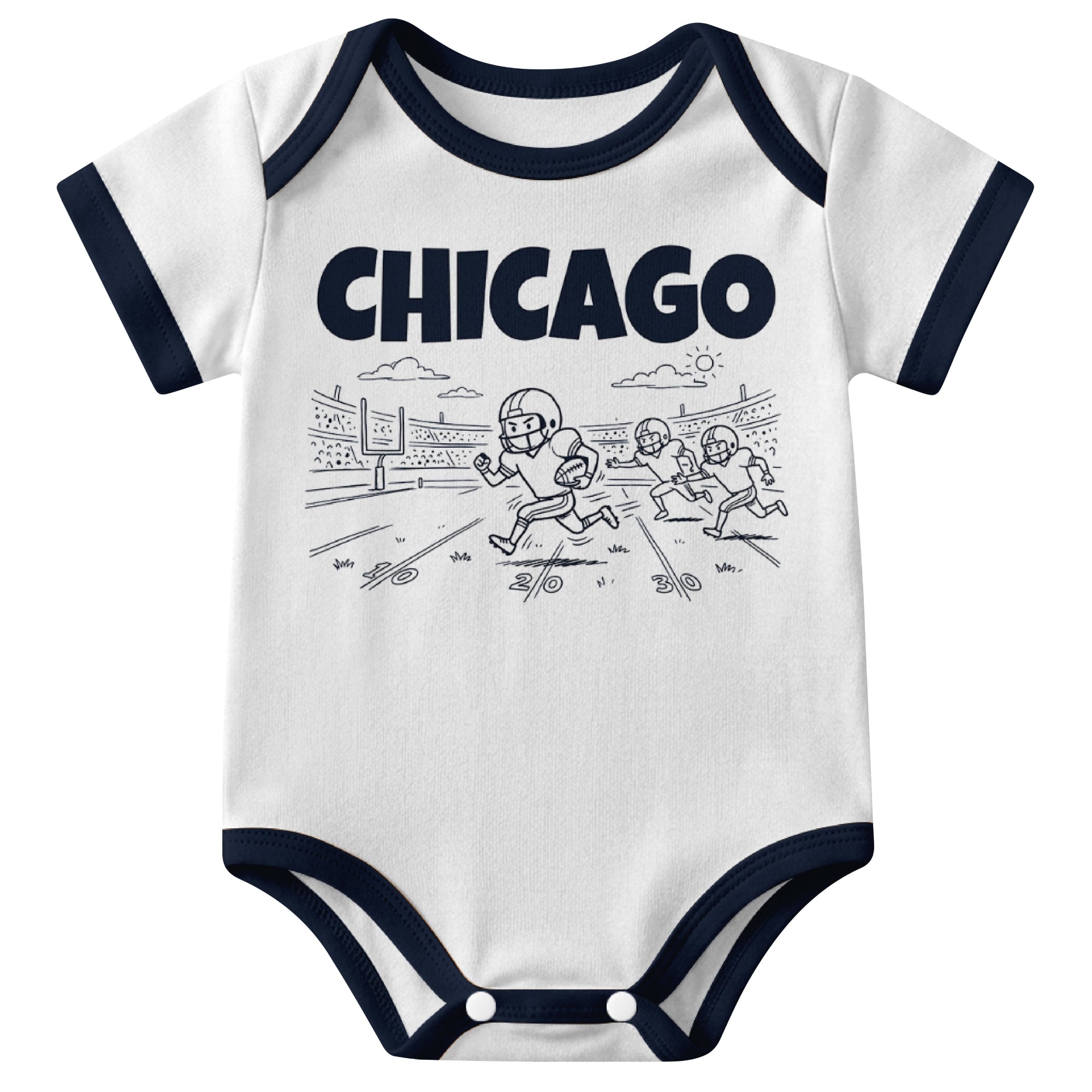 Chicago White baby football bodysuit front view with city lettering and football field action graphic