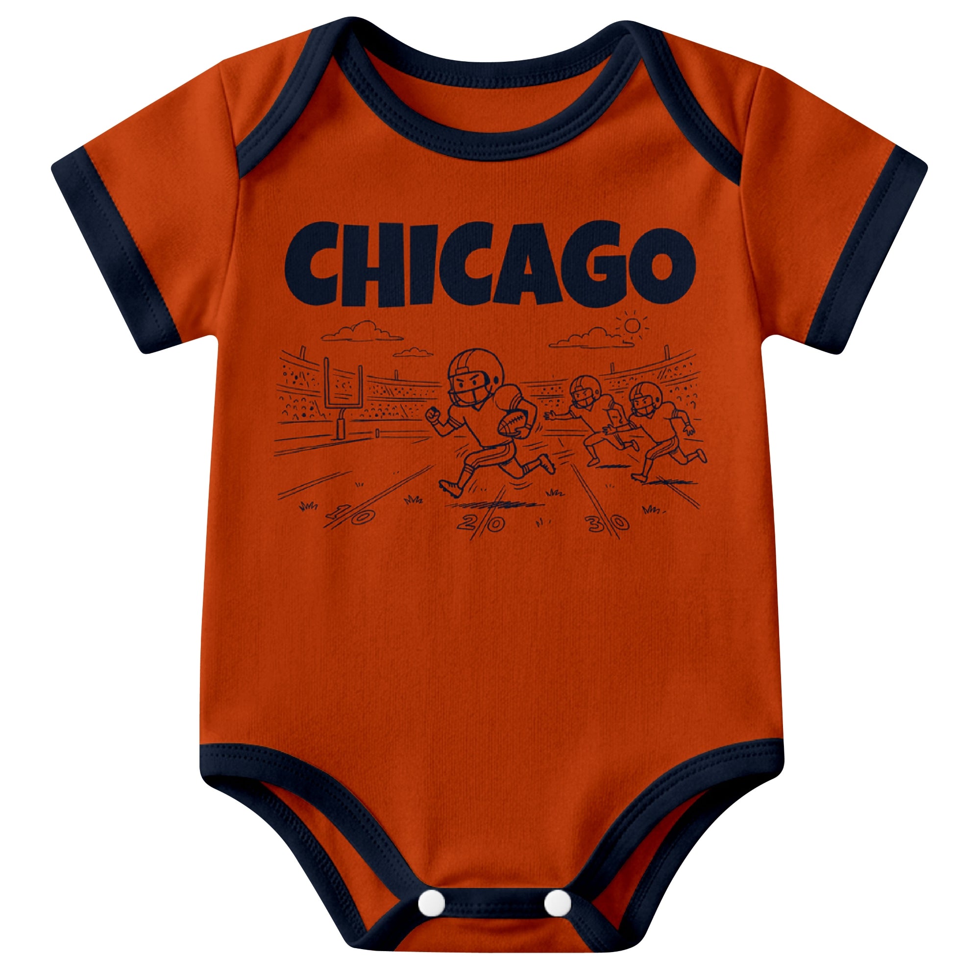 Chicago Orange baby football bodysuit front view with city lettering and football field action graphic