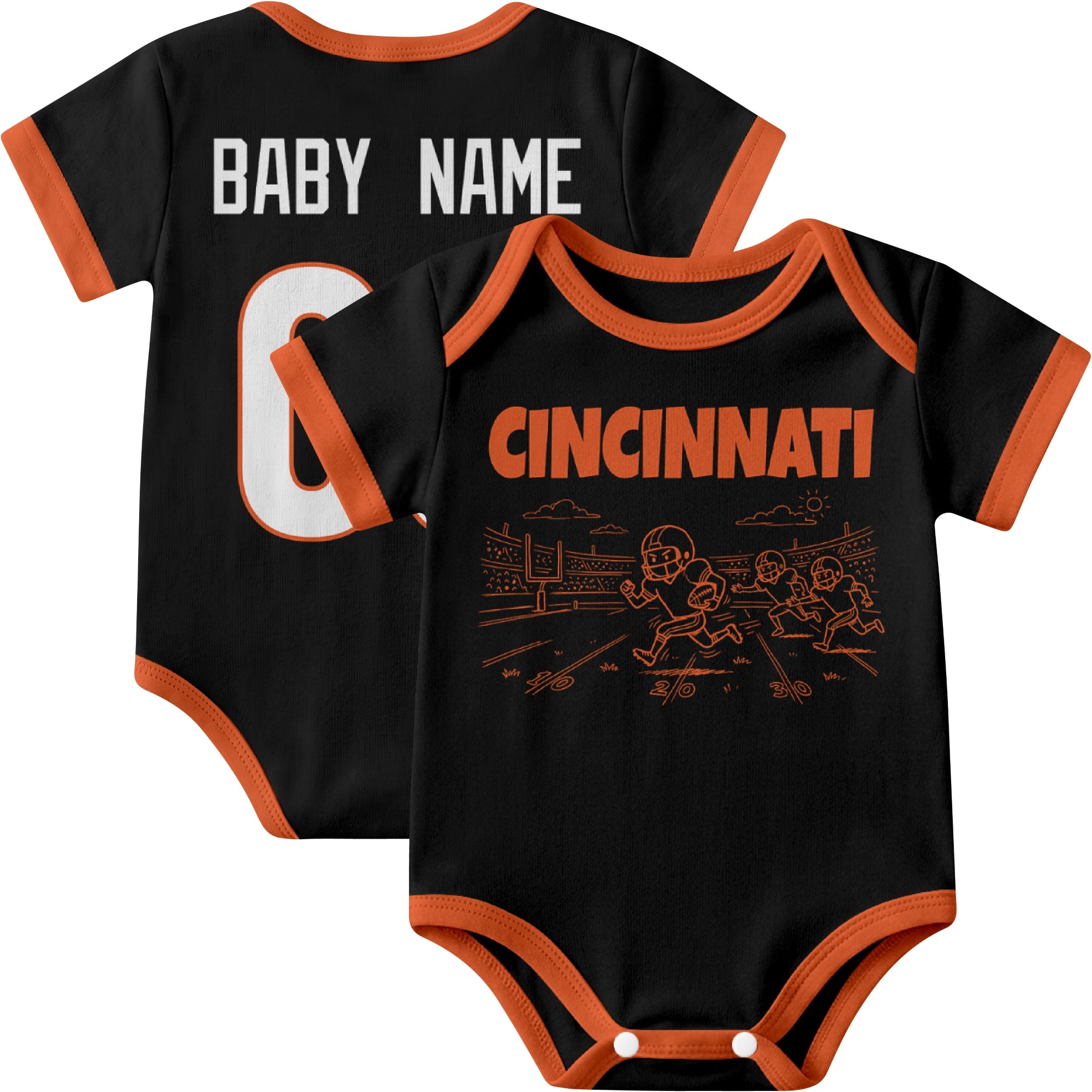 Cincinnati personalized baby football bodysuit in Black showing front field action scene and back custom baby name and number