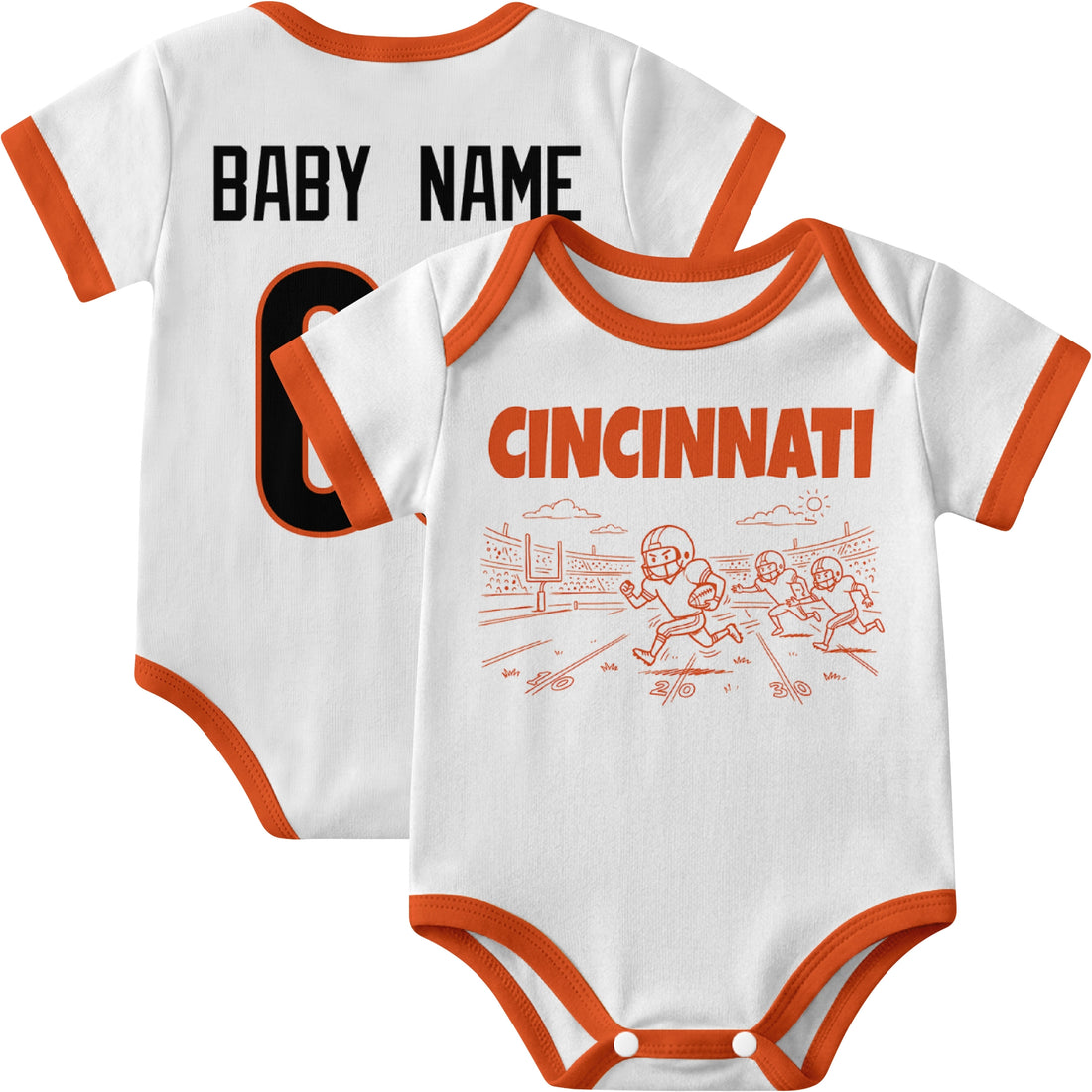 Cincinnati personalized baby football bodysuit in Black showing front field action scene and back custom baby name and number