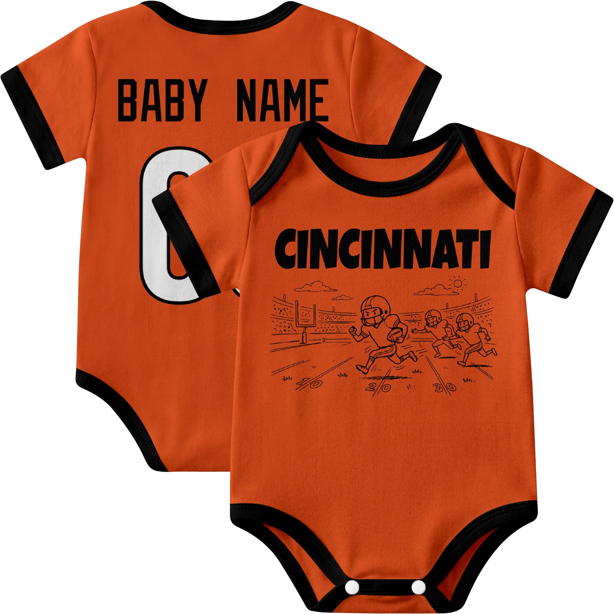 Cincinnati personalized baby football bodysuit in Orange showing front field action scene and back custom baby name and number