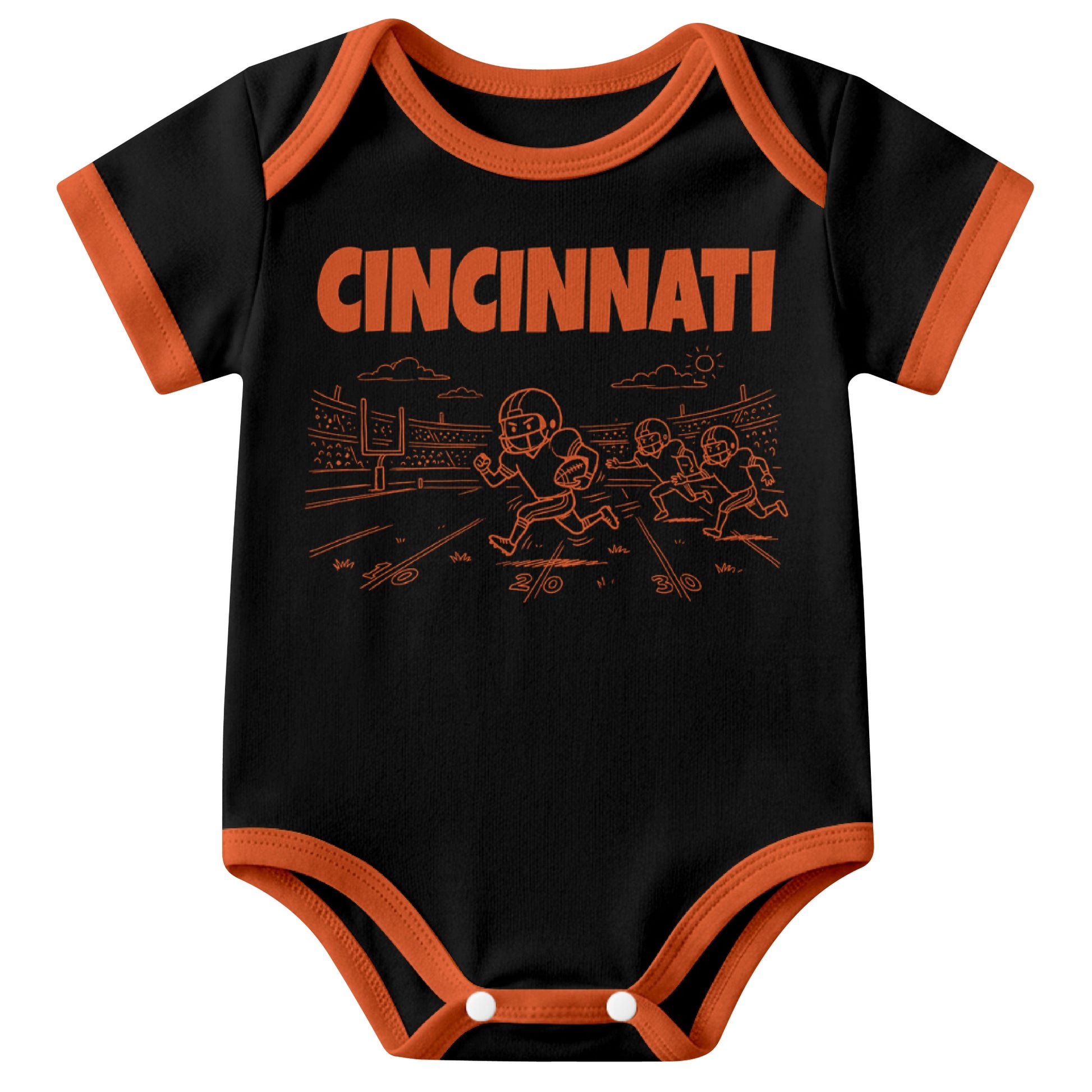 Cincinnati Black baby football bodysuit front view with city lettering and football field action graphic