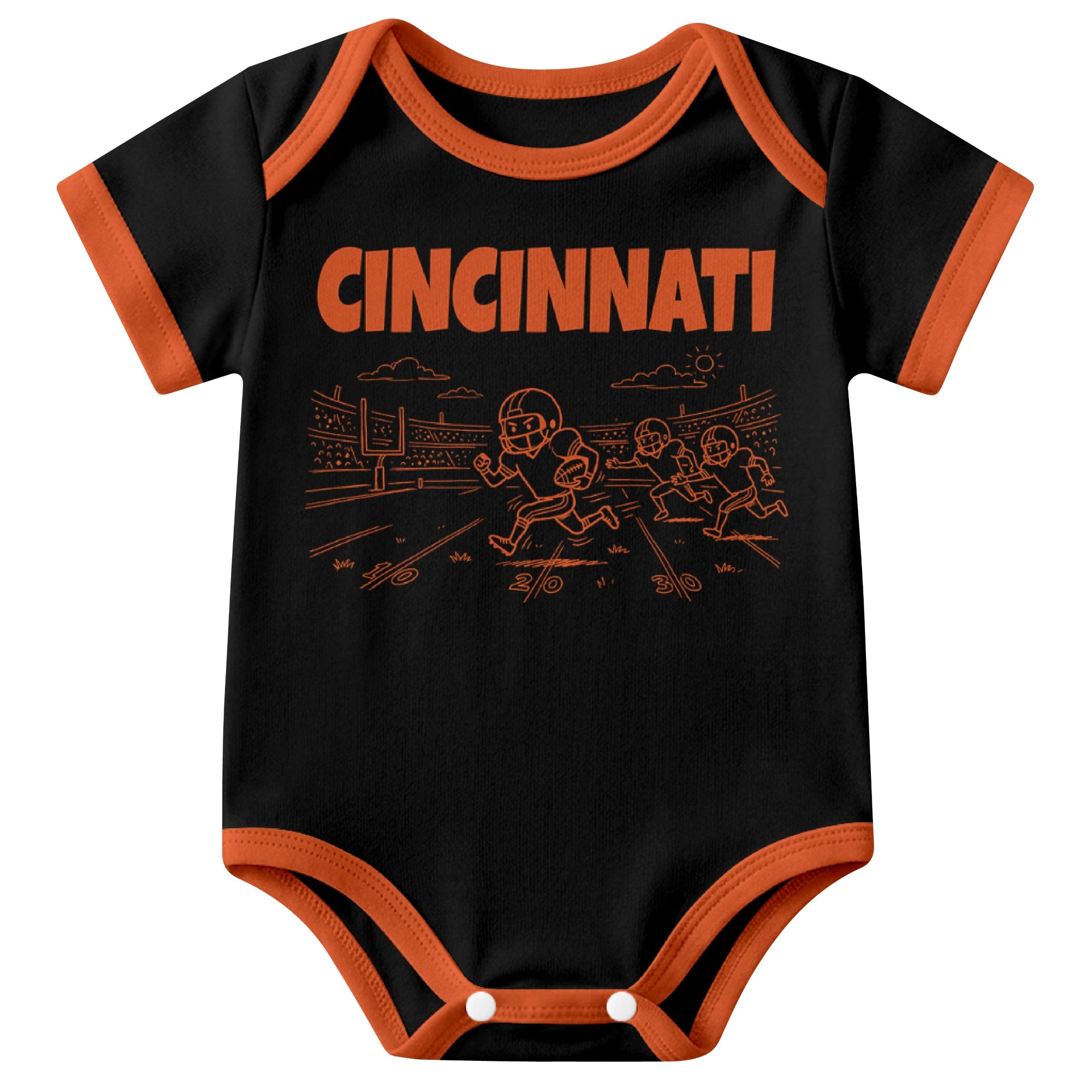 Cincinnati Black baby football bodysuit front view with city lettering and football field action graphic