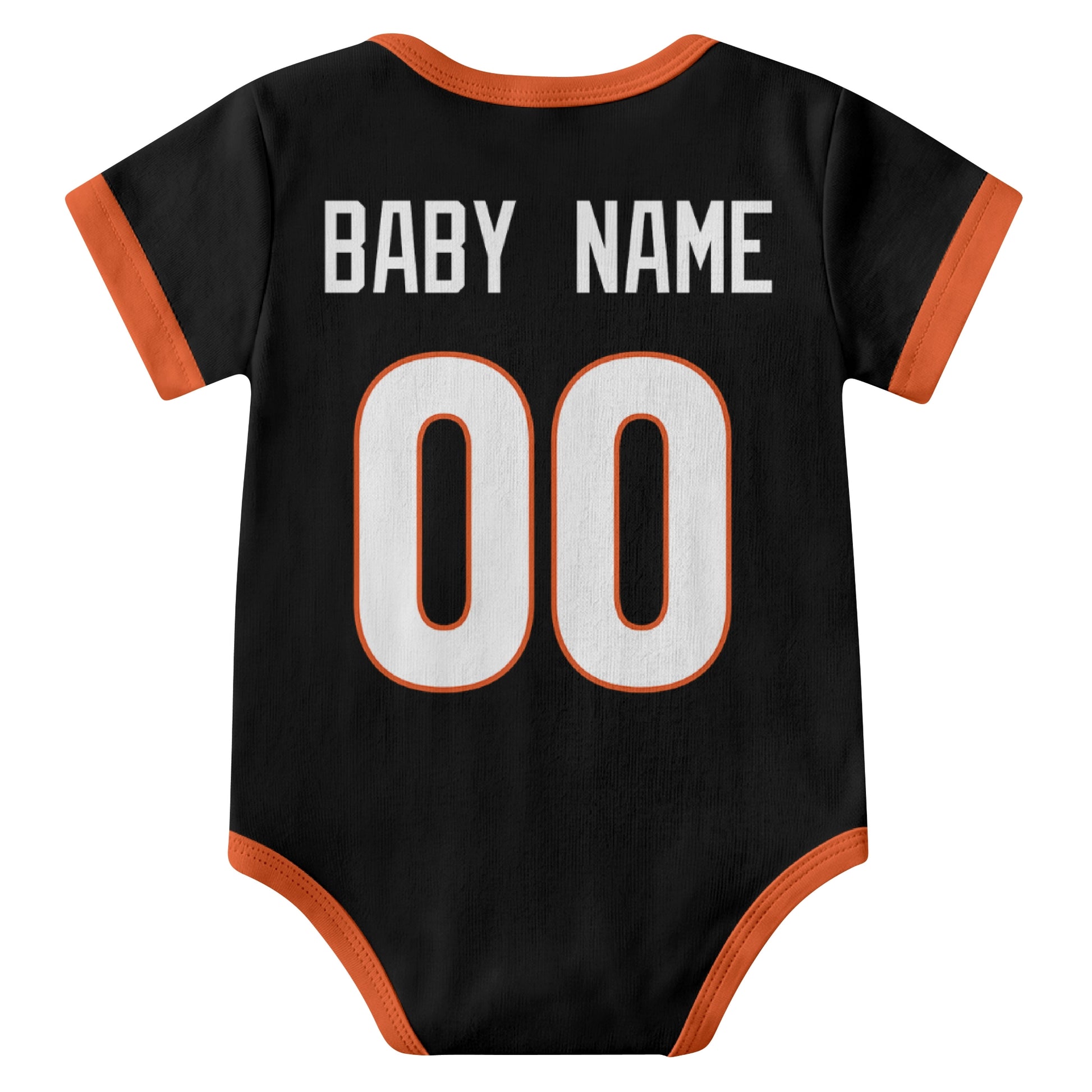 Cincinnati Black personalized baby football bodysuit back view with custom baby name and jersey number