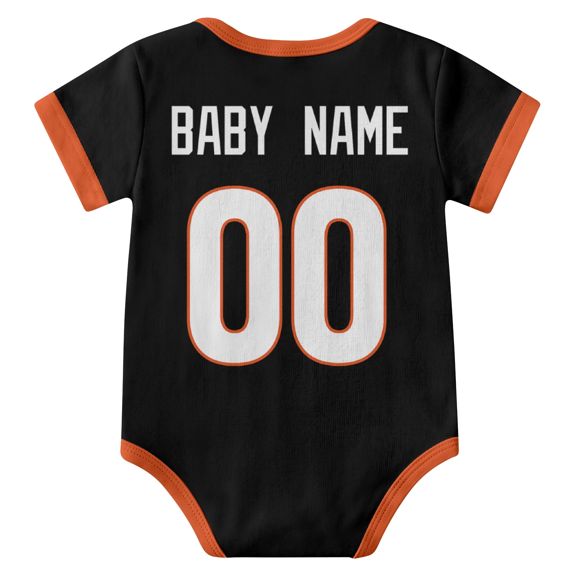 Cincinnati Black personalized baby football bodysuit back view with custom baby name and jersey number