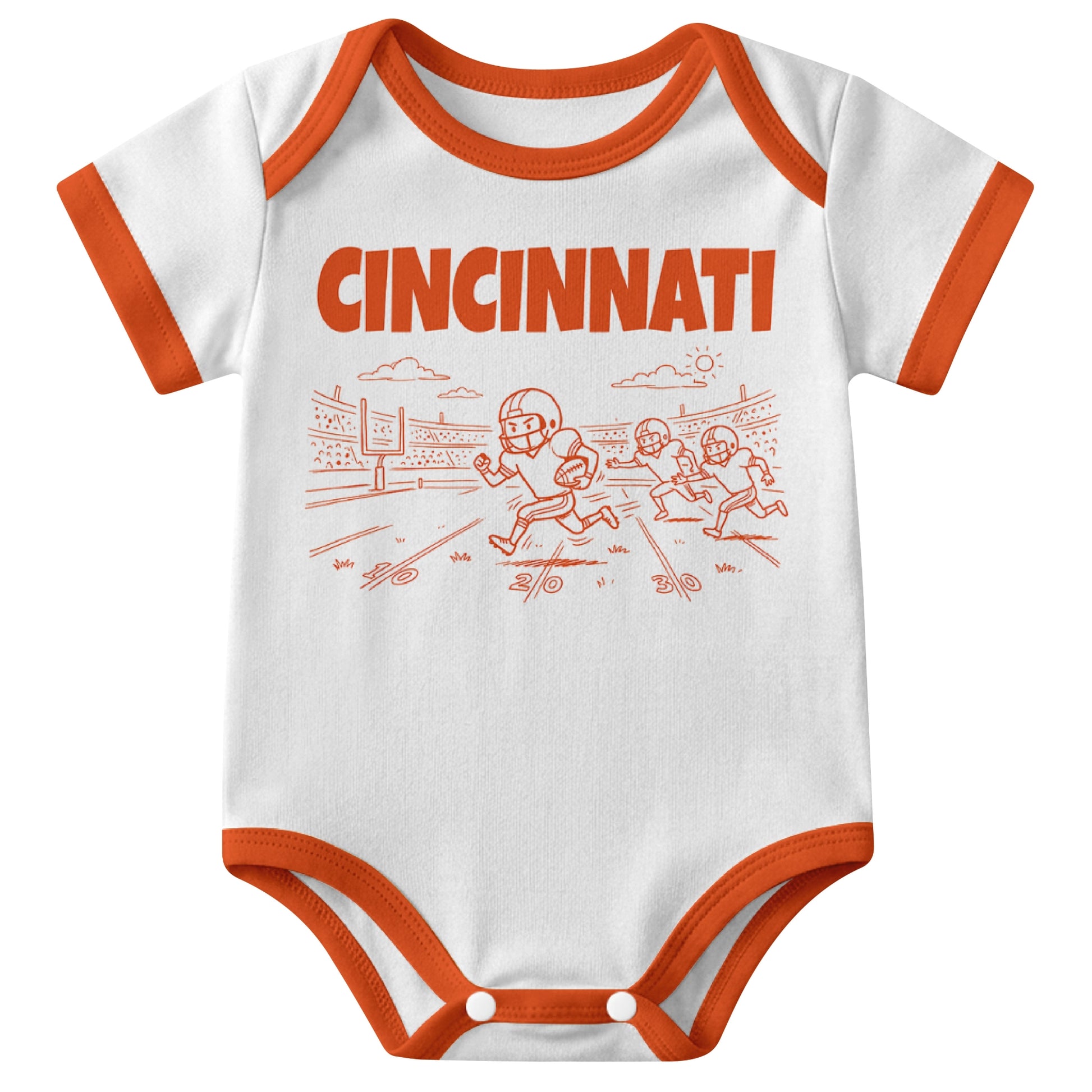 Cincinnati White baby football bodysuit front view with city lettering and football field action graphic