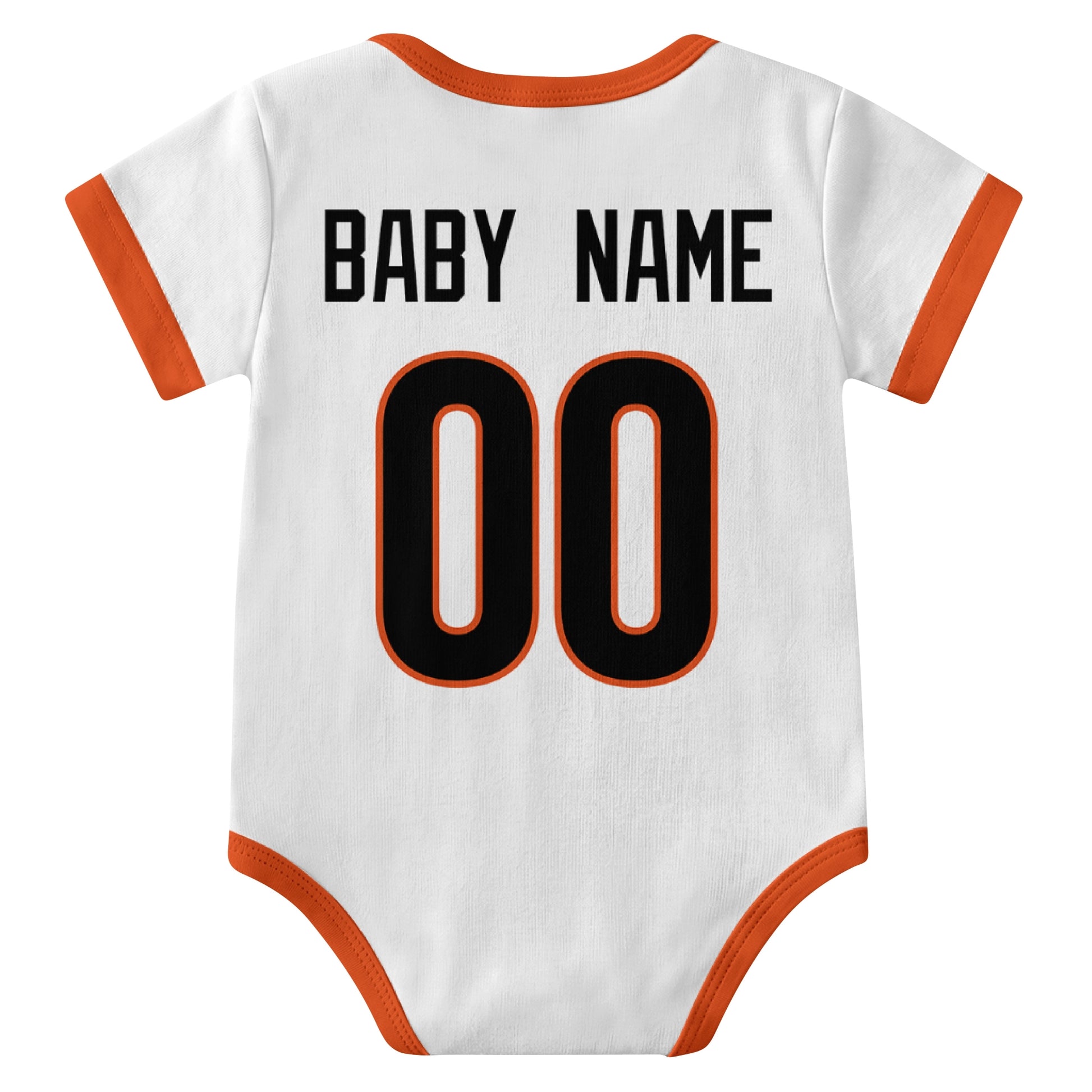 Cincinnati White personalized baby football bodysuit back view with custom baby name and jersey number