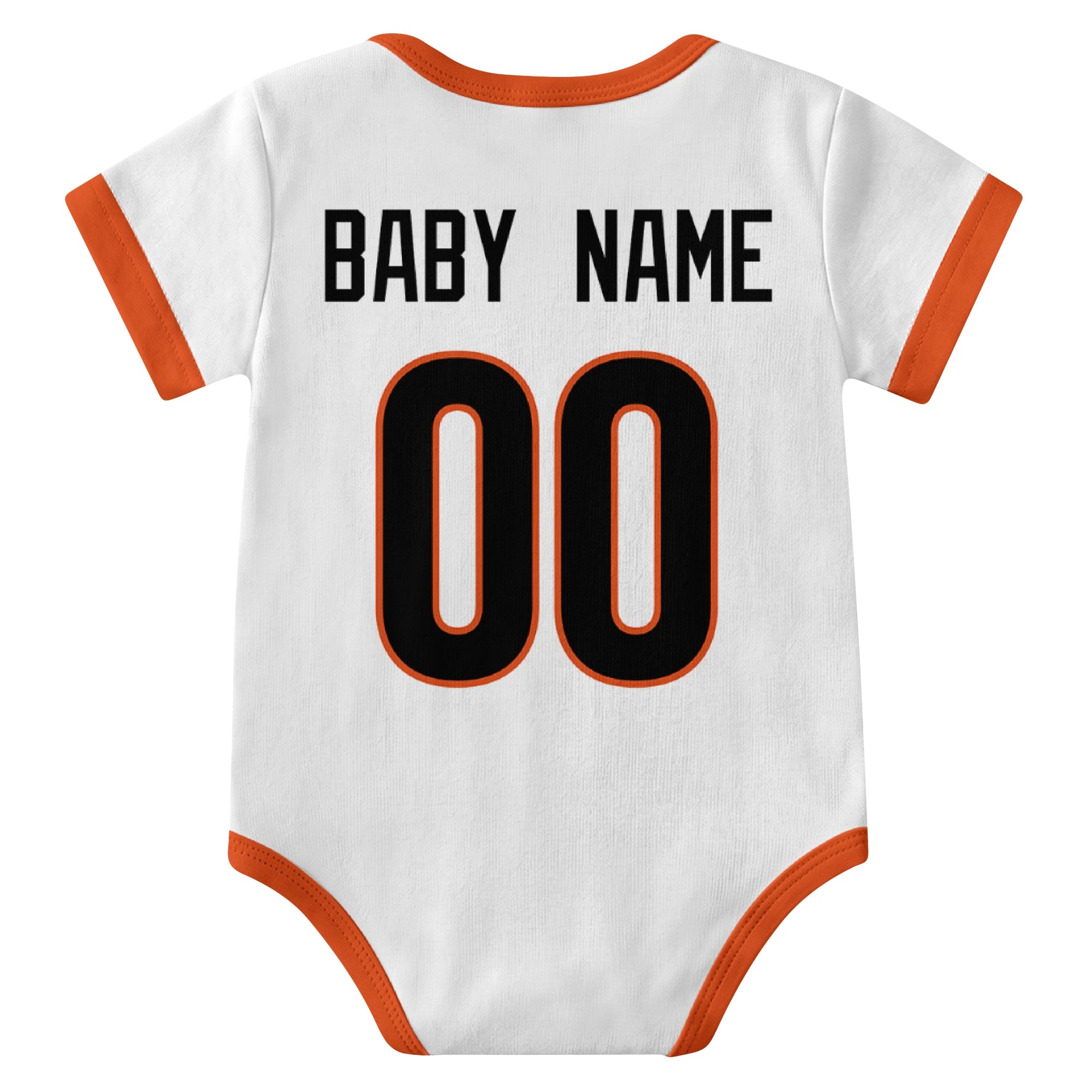 Cincinnati White personalized baby football bodysuit back view with custom baby name and jersey number