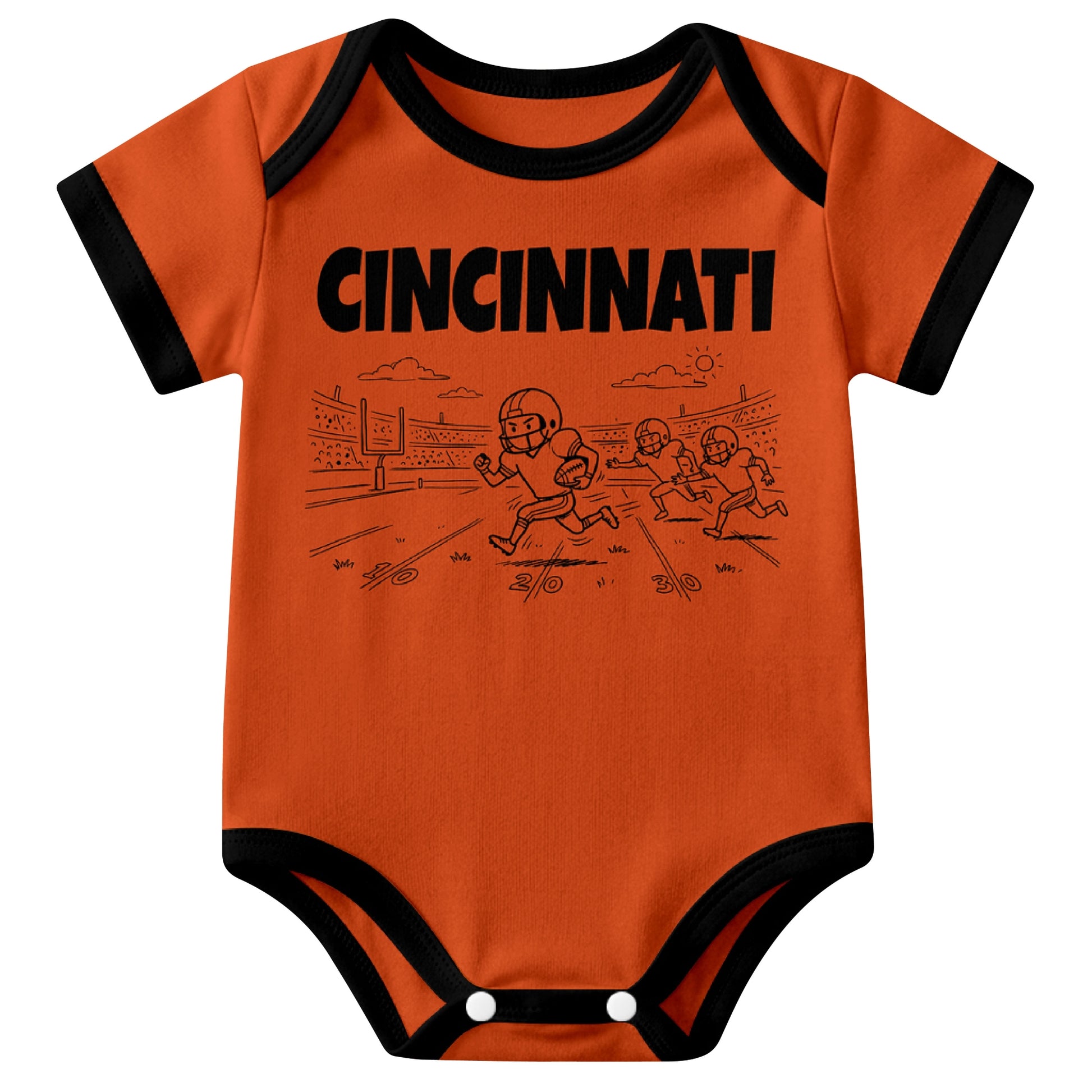 Cincinnati Orange baby football bodysuit front view with city lettering and football field action graphic