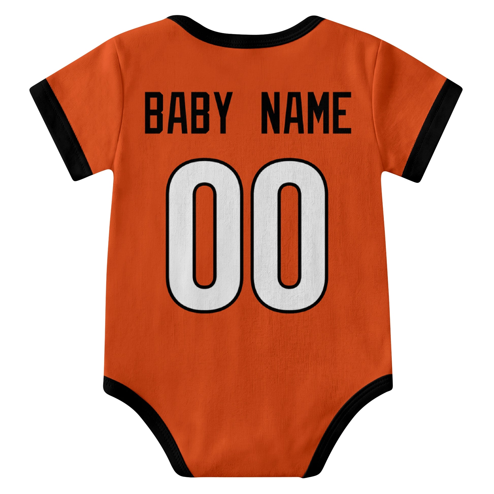 Cincinnati Orange personalized baby football bodysuit back view with custom baby name and jersey number
