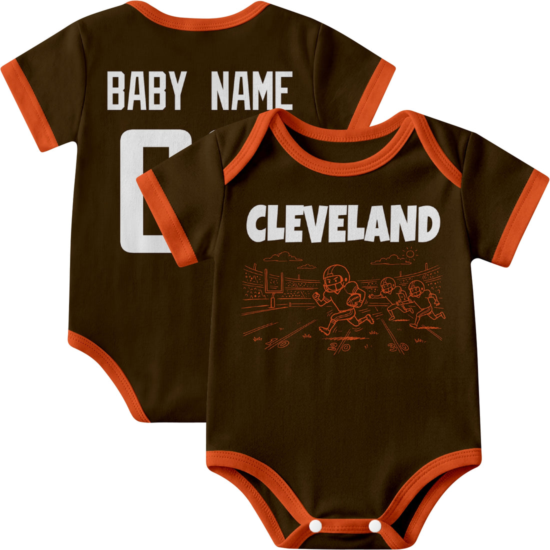 Cleveland personalized baby football bodysuit in Brown showing front field action scene and back custom baby name and number