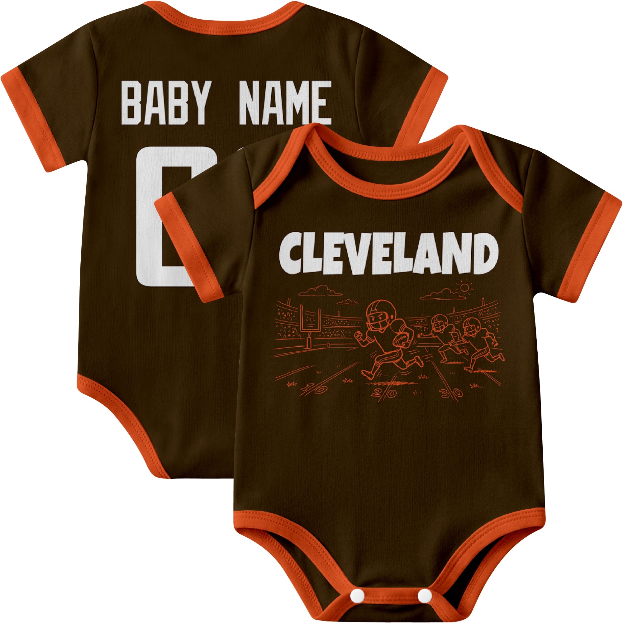 Cleveland personalized baby football bodysuit in Brown showing front field action scene and back custom baby name and number