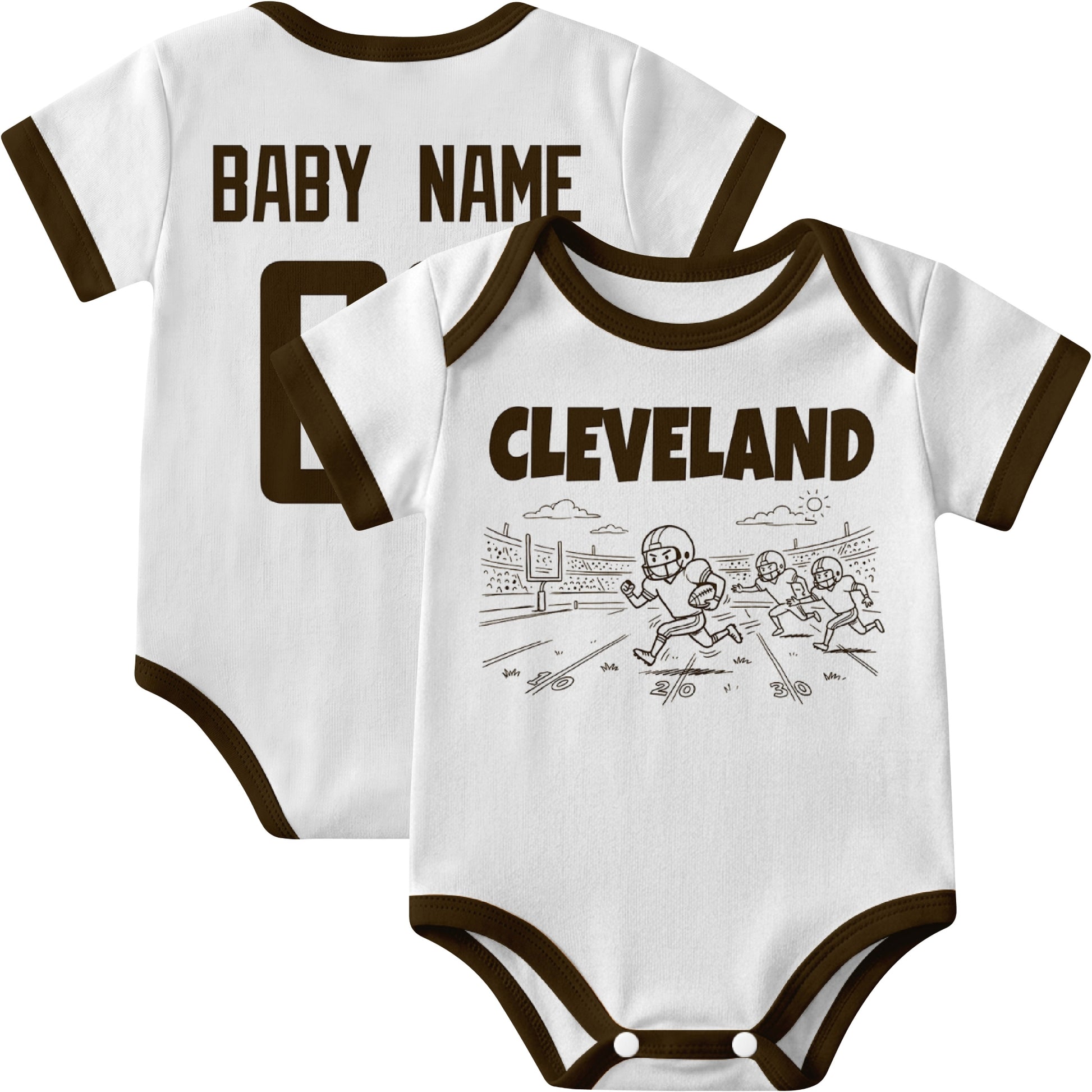 Cleveland personalized baby football bodysuit in White showing front field action scene and back custom baby name and number
