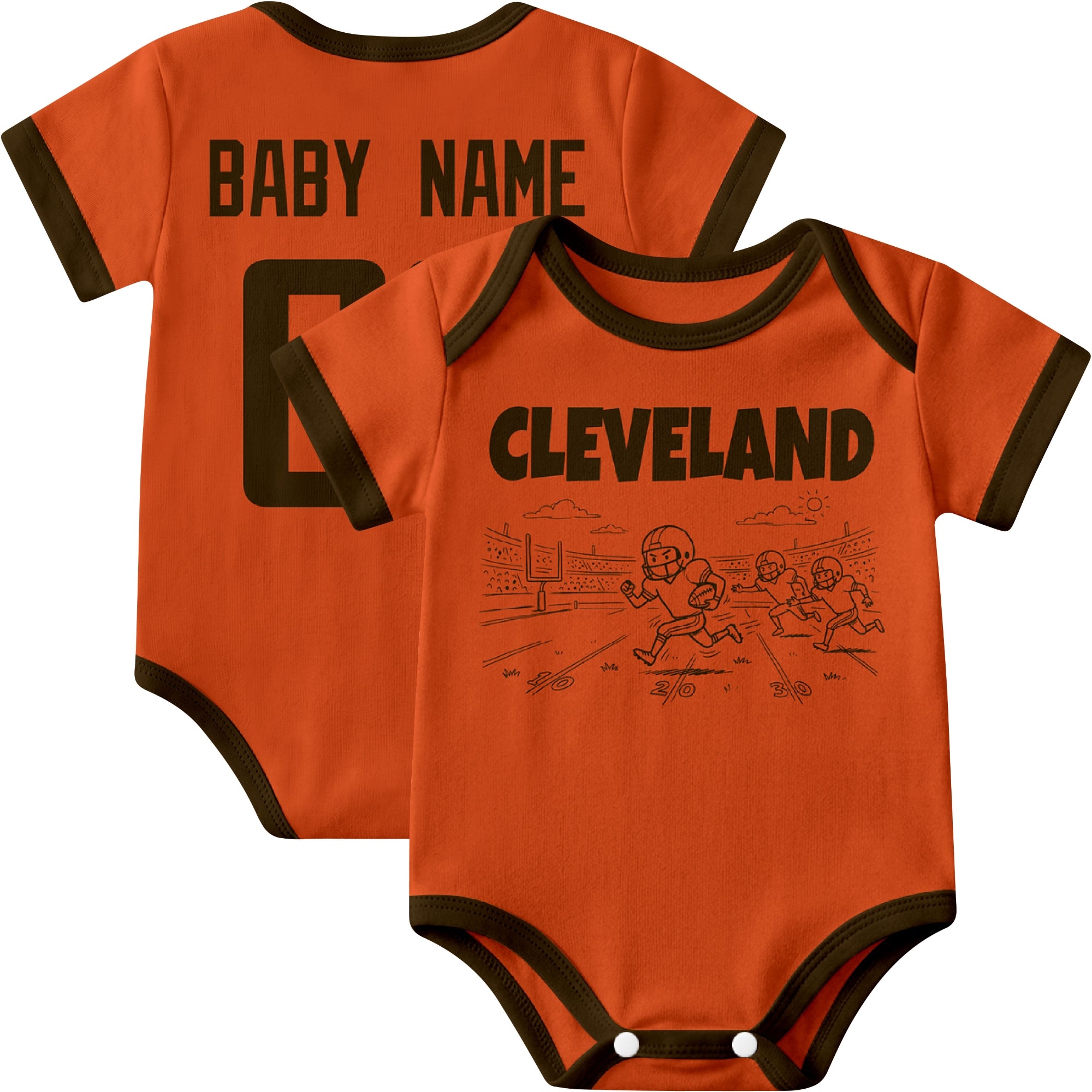Cleveland personalized baby football bodysuit in Orange showing front field action scene and back custom baby name and number
