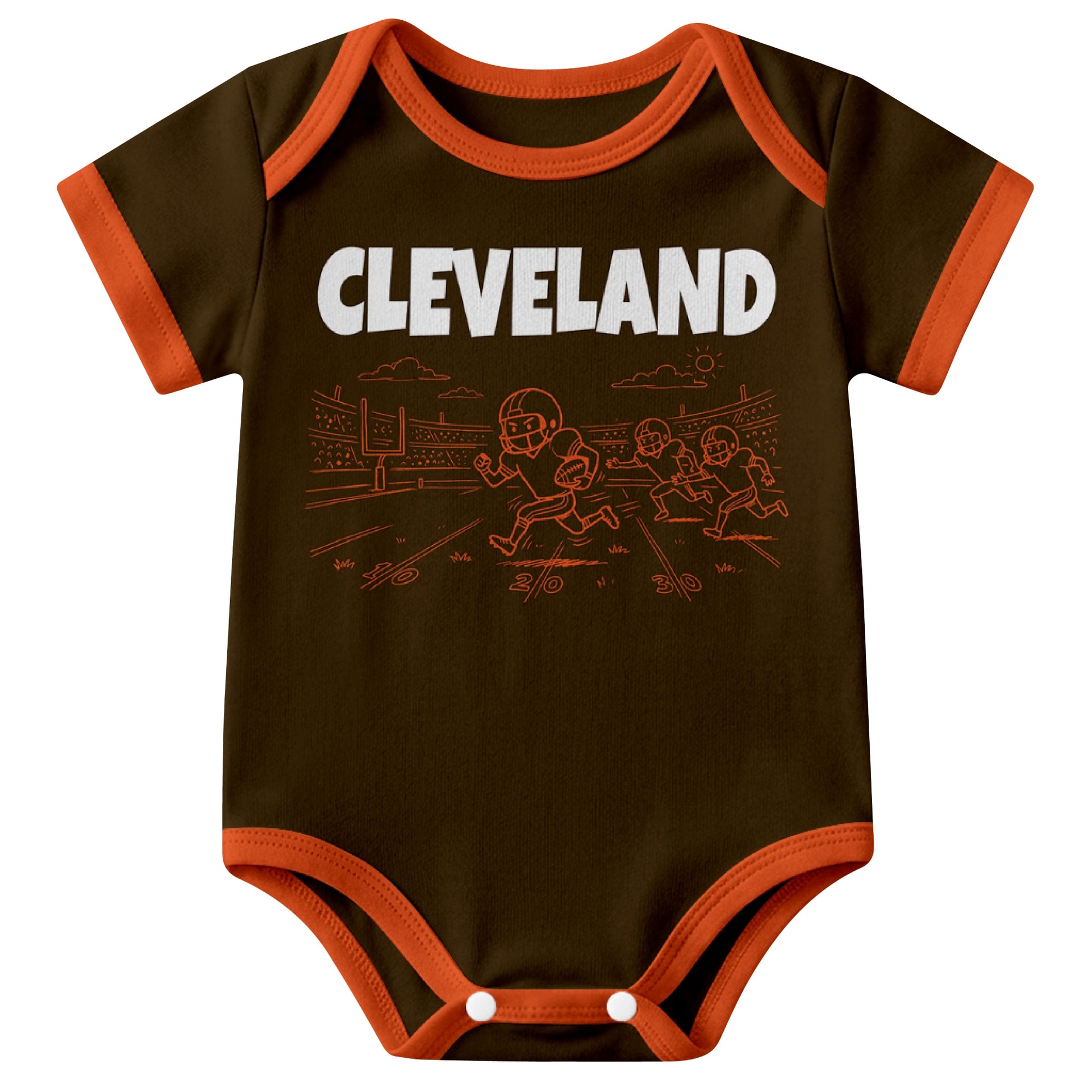 Cleveland Brown baby football bodysuit front view with city lettering and football field action graphic