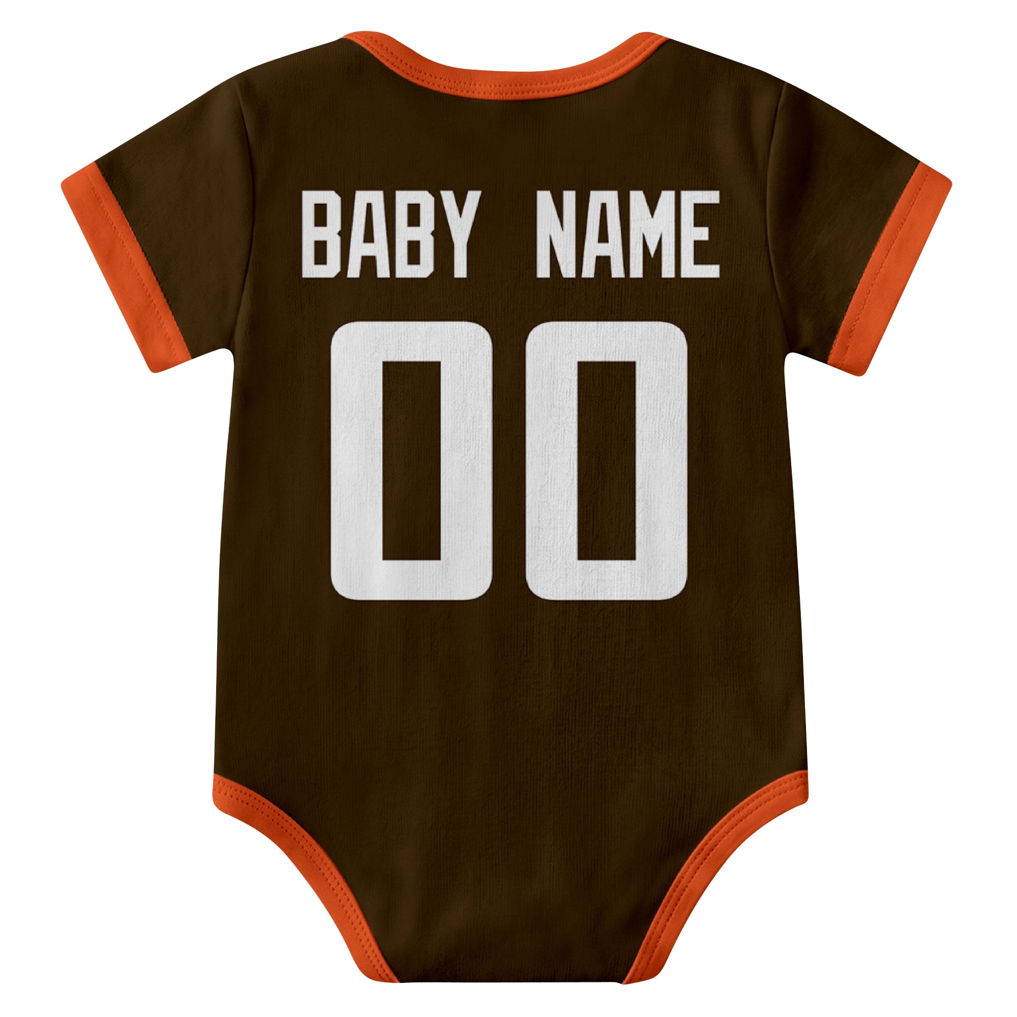 Cleveland Brown personalized baby football bodysuit back view with custom baby name and jersey number