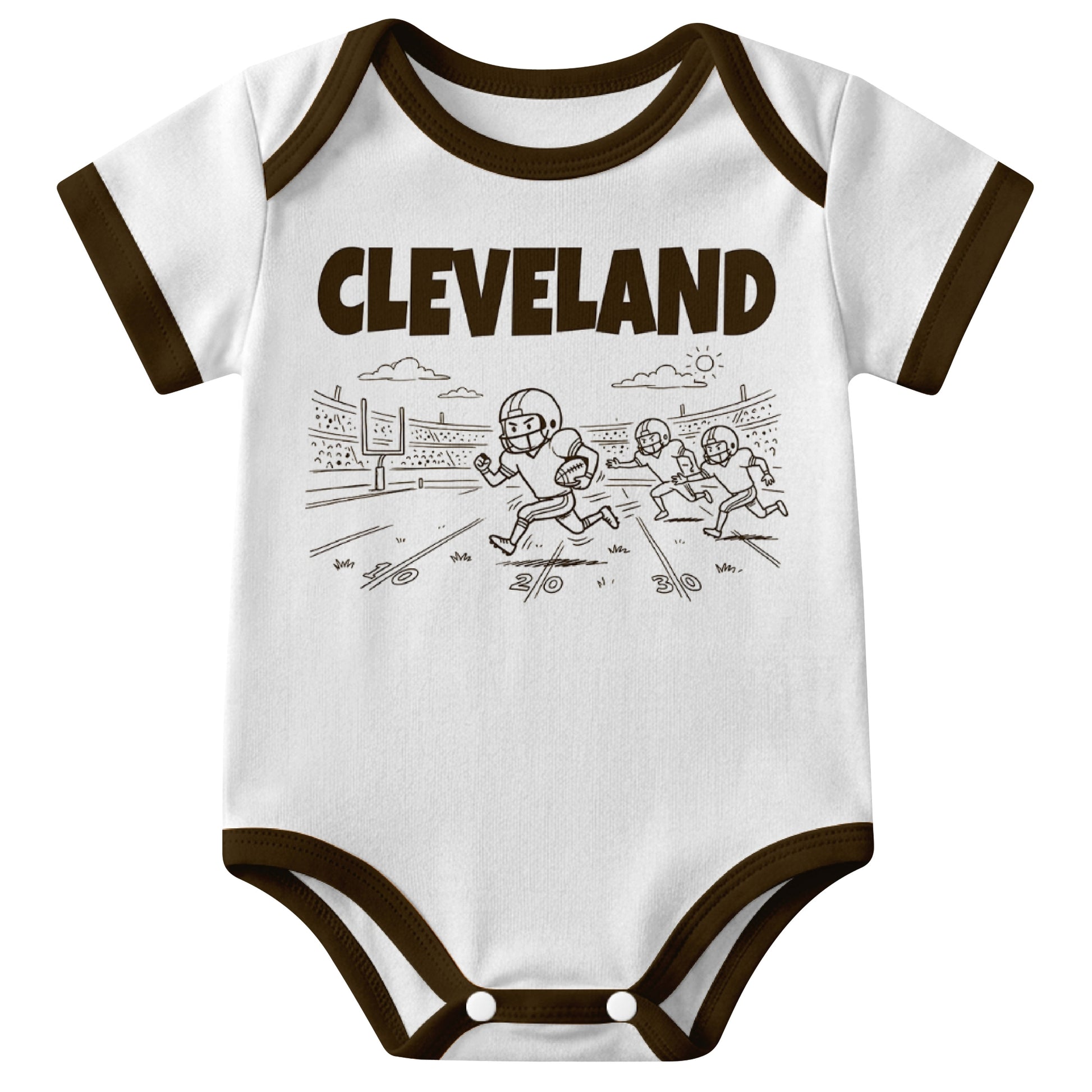 Cleveland White baby football bodysuit front view with city lettering and football field action graphic