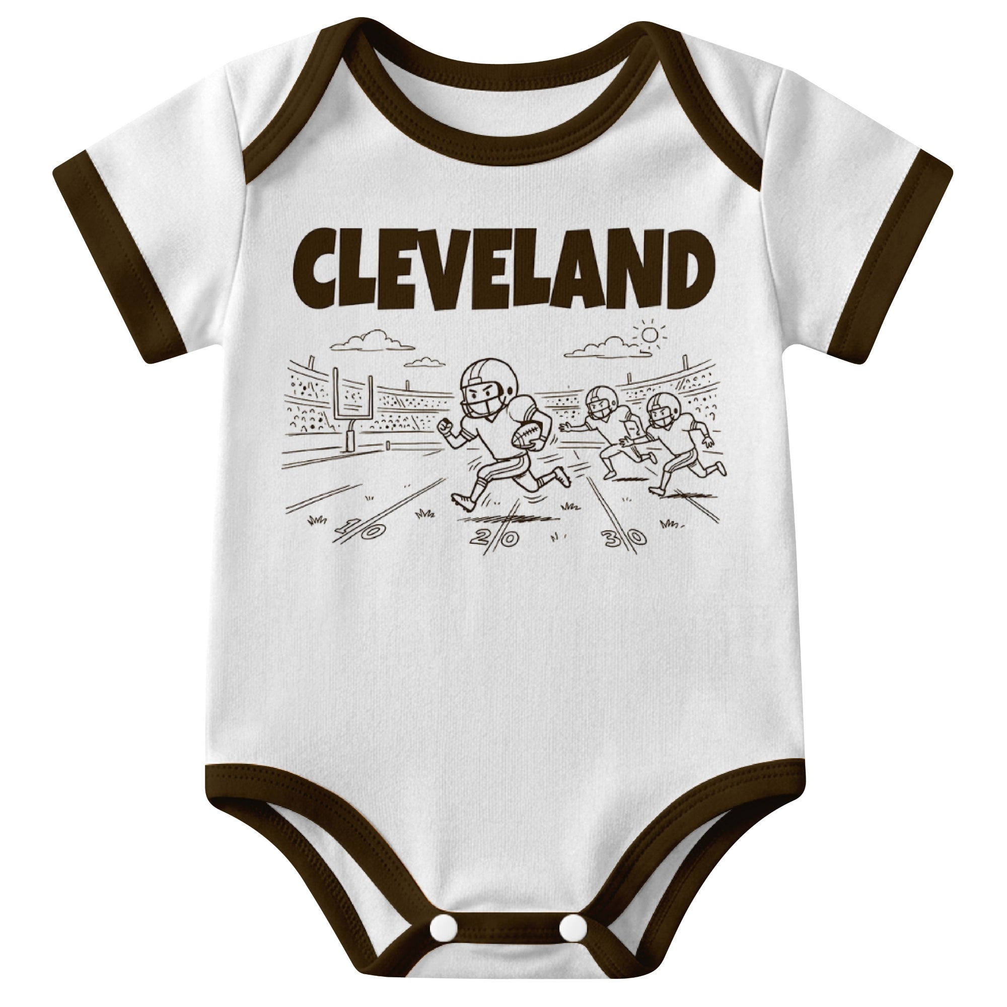 Cleveland White baby football bodysuit front view with city lettering and football field action graphic