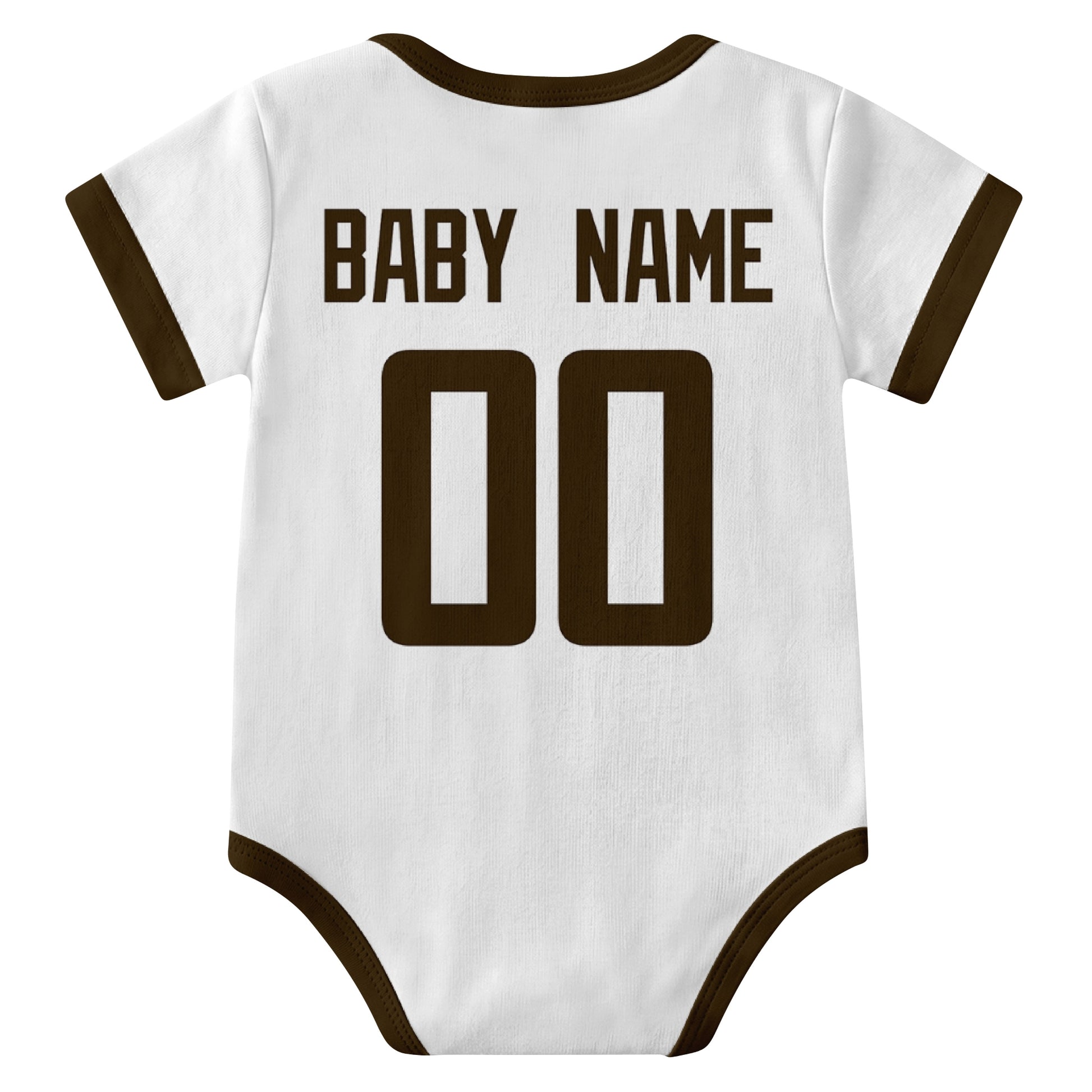 Cleveland White personalized baby football bodysuit back view with custom baby name and jersey number
