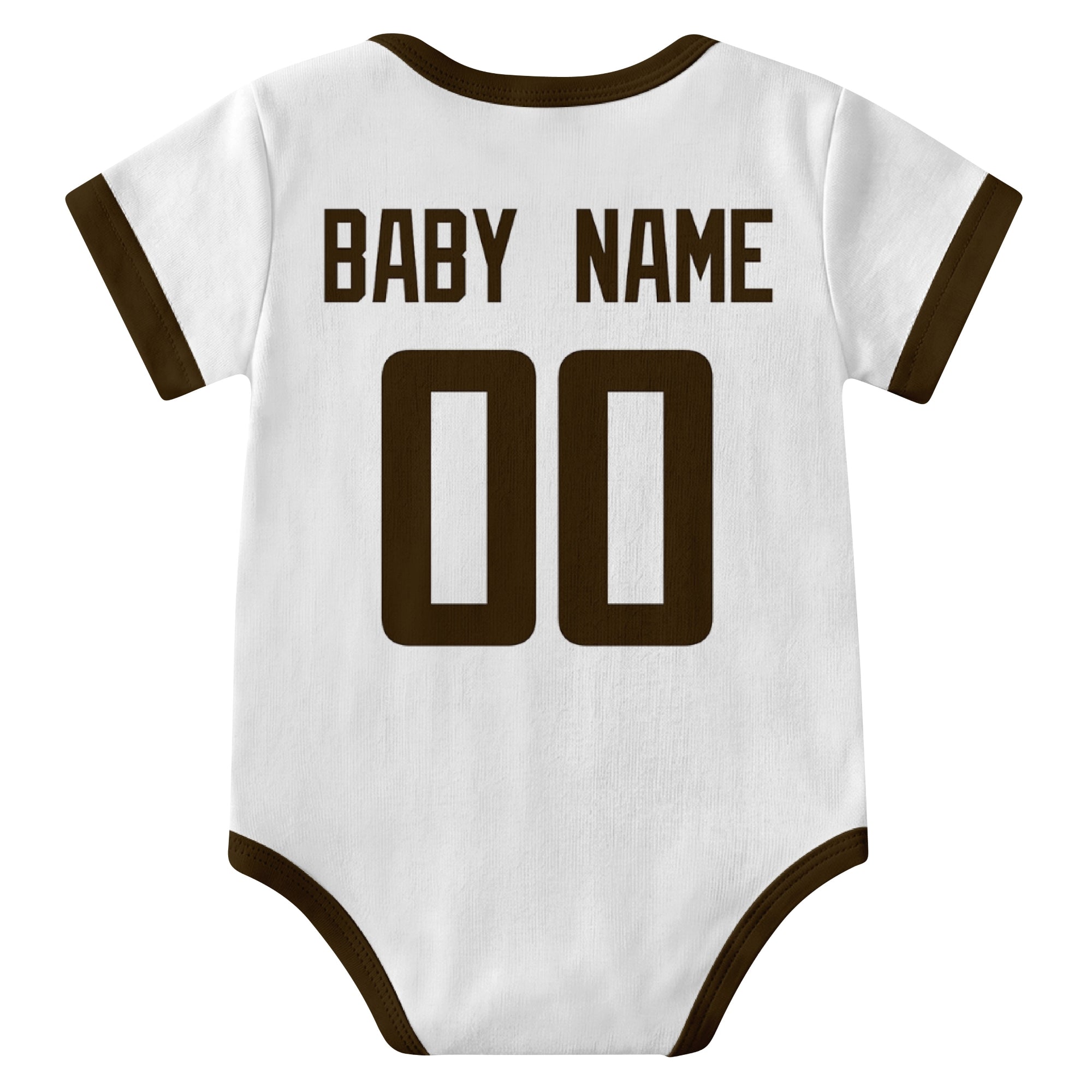 Cleveland White personalized baby football bodysuit back view with custom baby name and jersey number